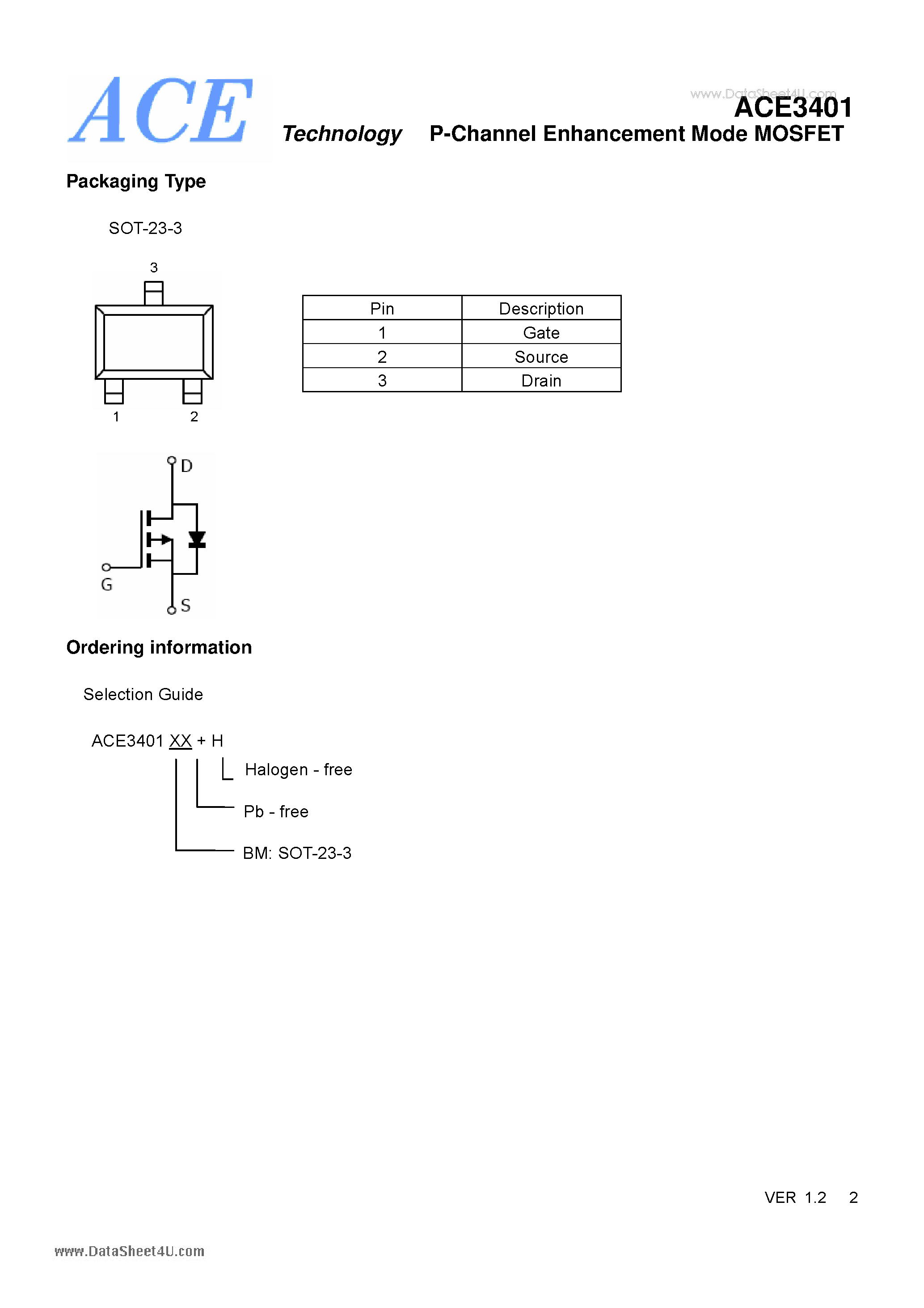 Datasheet ACE3401 page 2 Datasheet ACE3401 - P-Channel Enhancement Mode MOSFET page 2