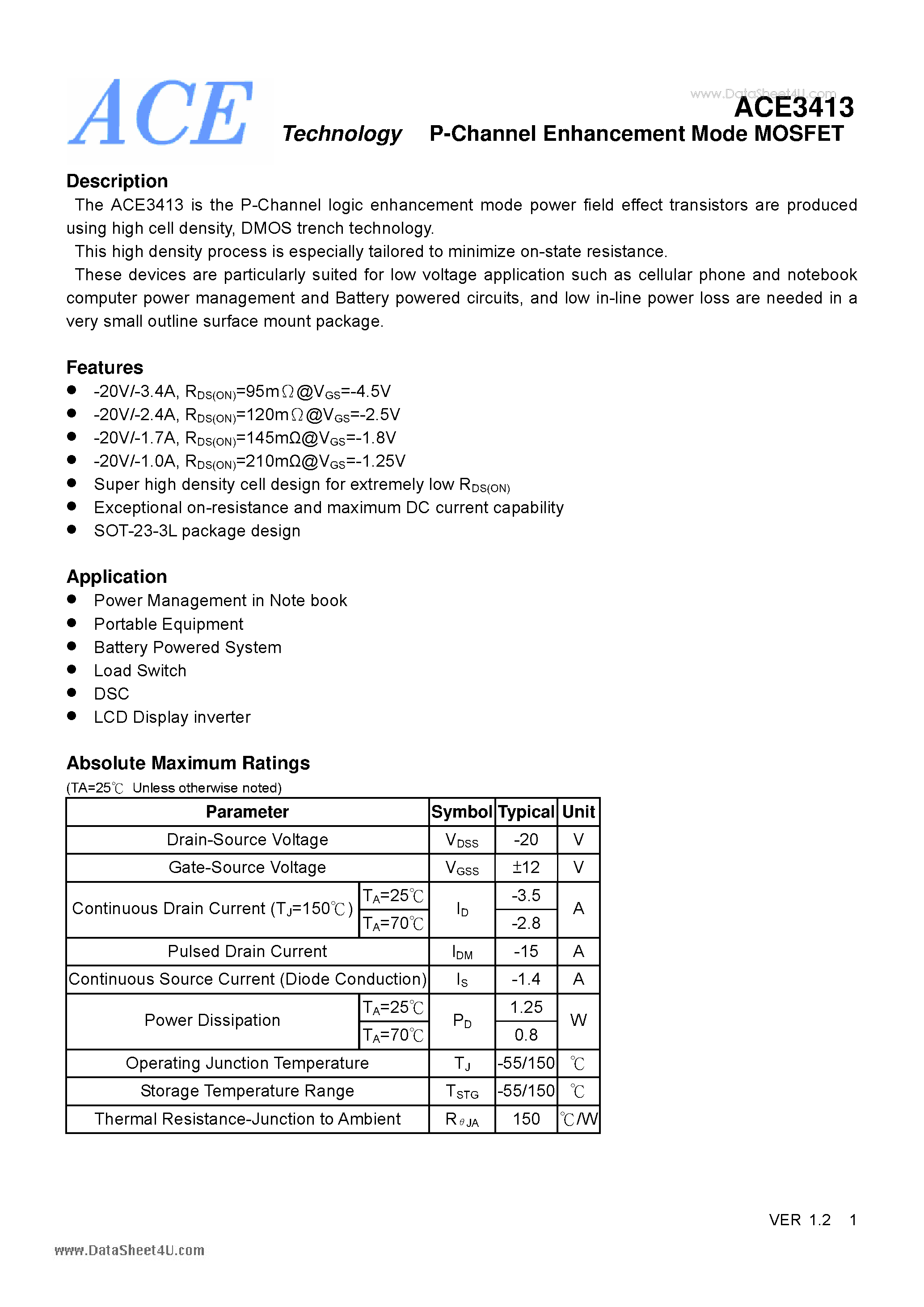 Datasheet ACE3413 page 1 Datasheet ACE3413 - P-Channel Enhancement Mode MOSFET page 1