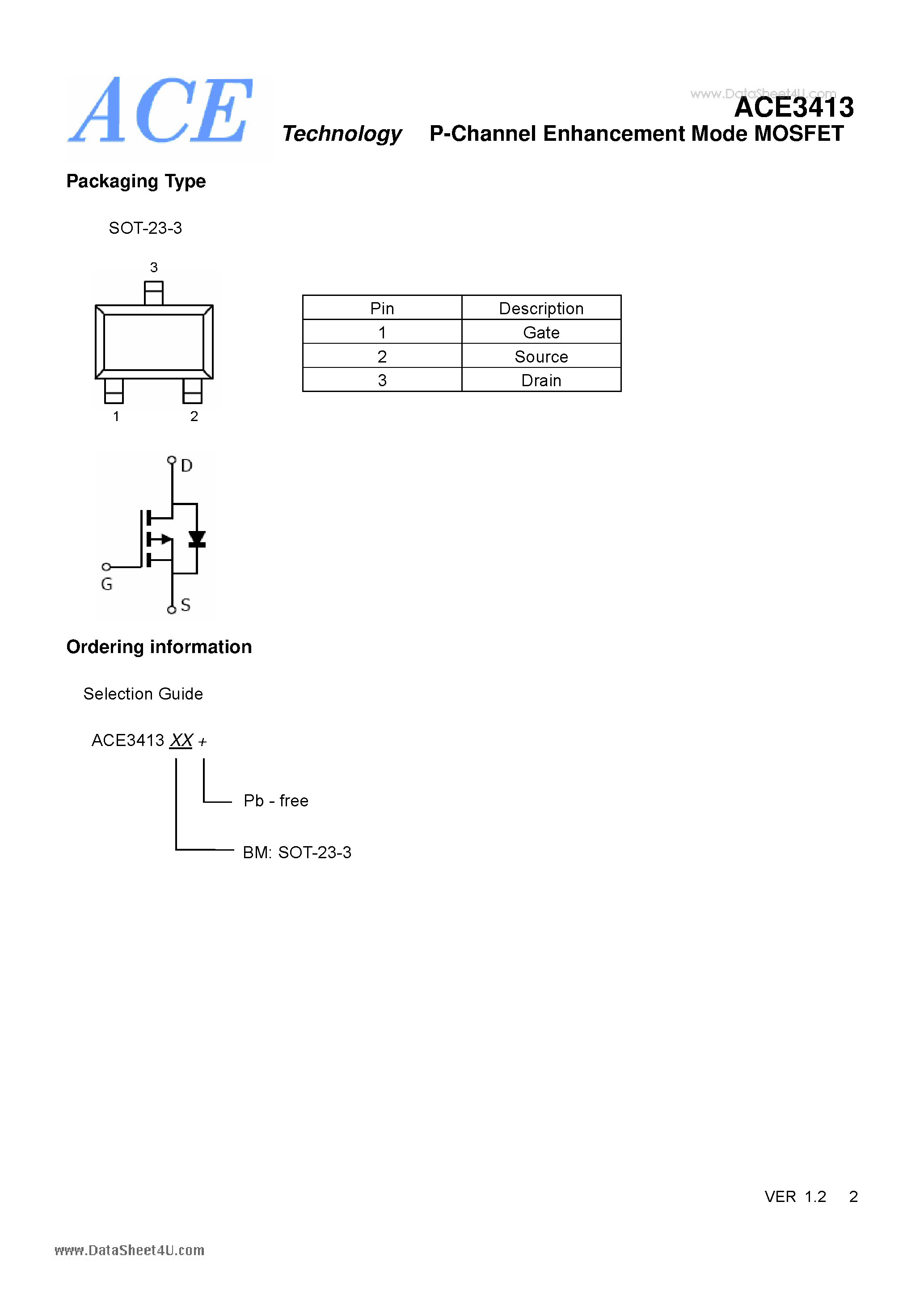 Datasheet ACE3413 page 2 Datasheet ACE3413 - P-Channel Enhancement Mode MOSFET page 2