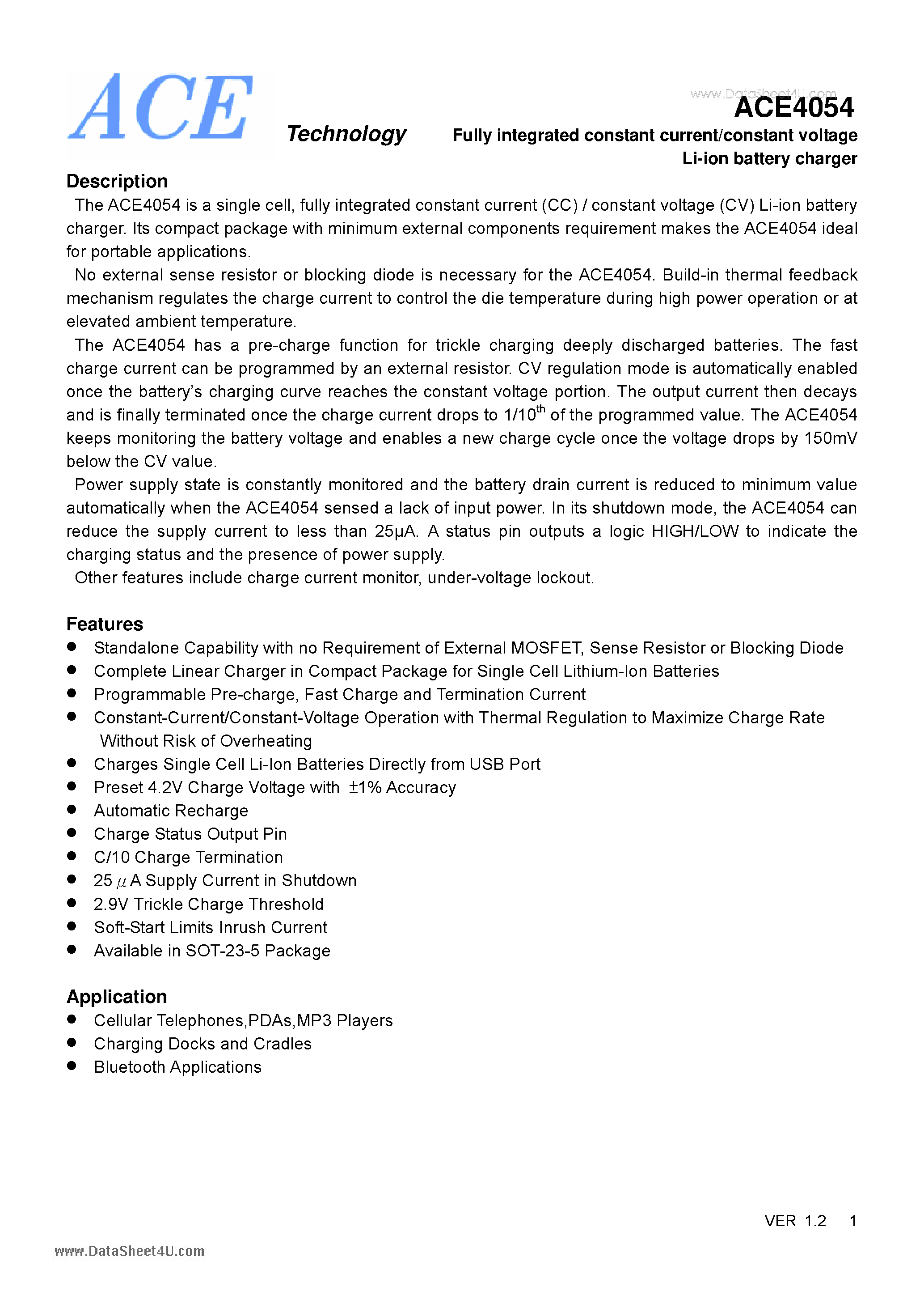 Datasheet ACE4054 page 1 Datasheet ACE4054 - Fully integrated constant current/constant voltage Li-ion battery charger page 1
