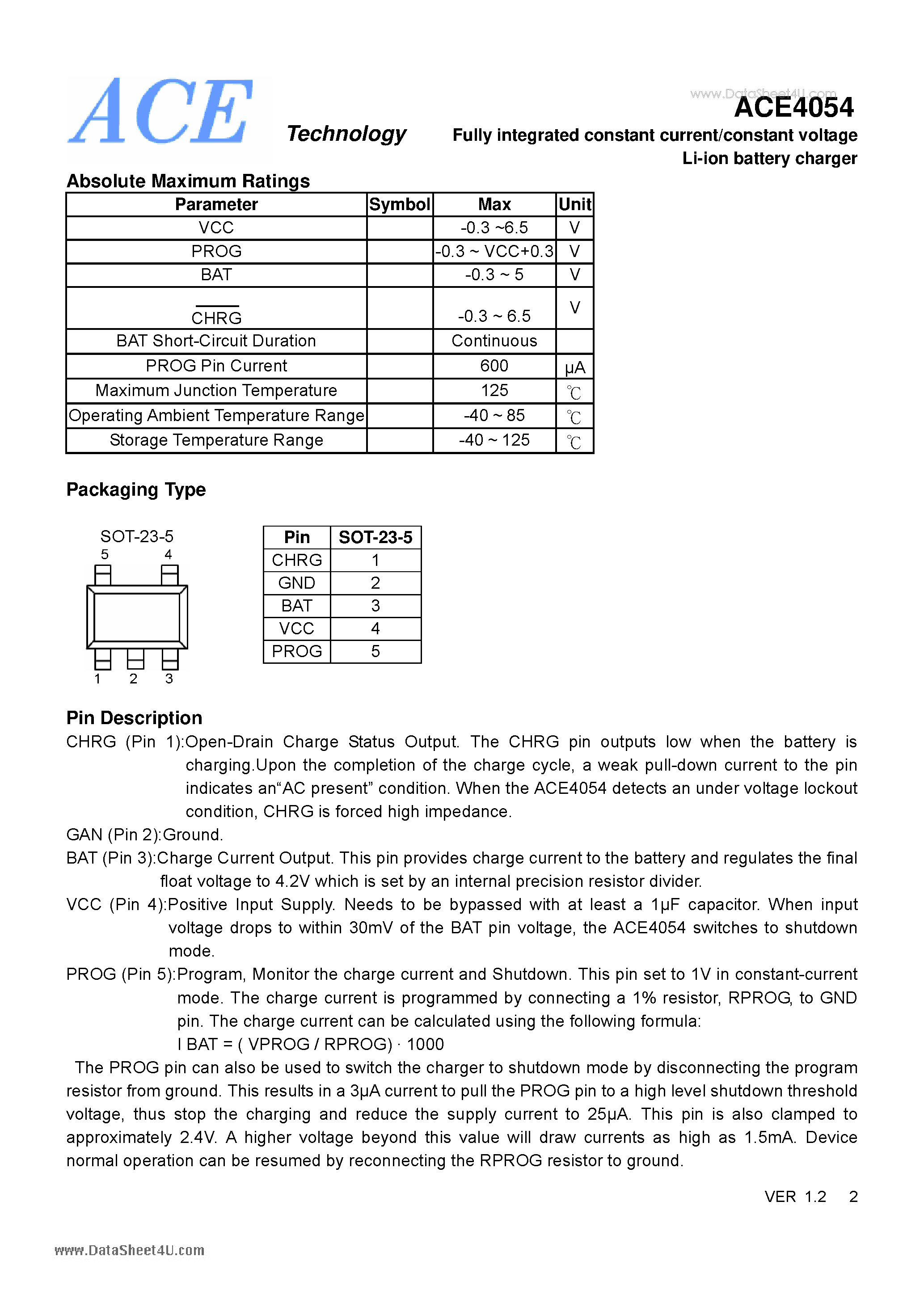 Datasheet ACE4054 page 2 Datasheet ACE4054 - Fully integrated constant current/constant voltage Li-ion battery charger page 2