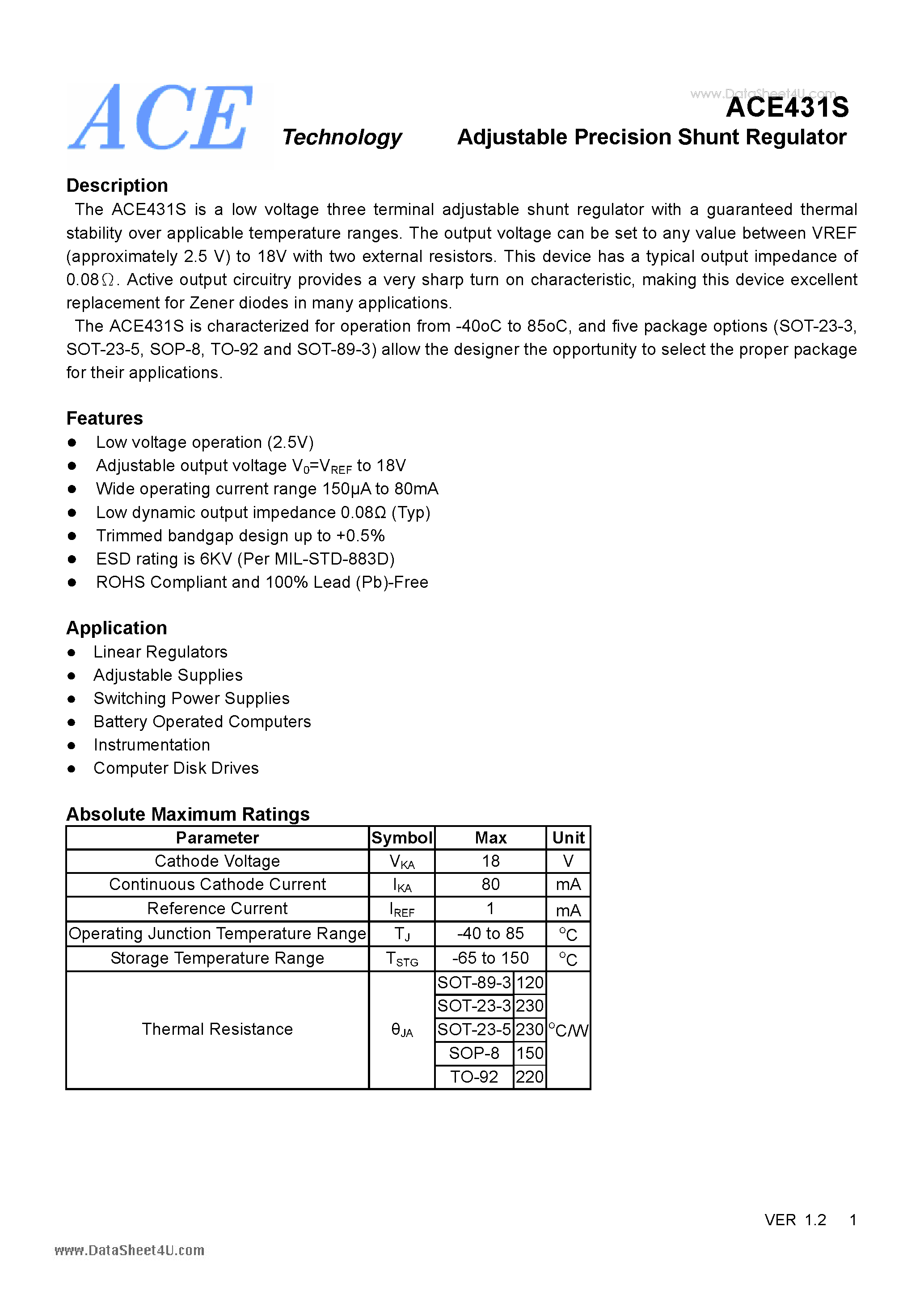Datasheet ACE431S page 1 Datasheet ACE431S - Adjustable Precision Shunt Regulator page 1