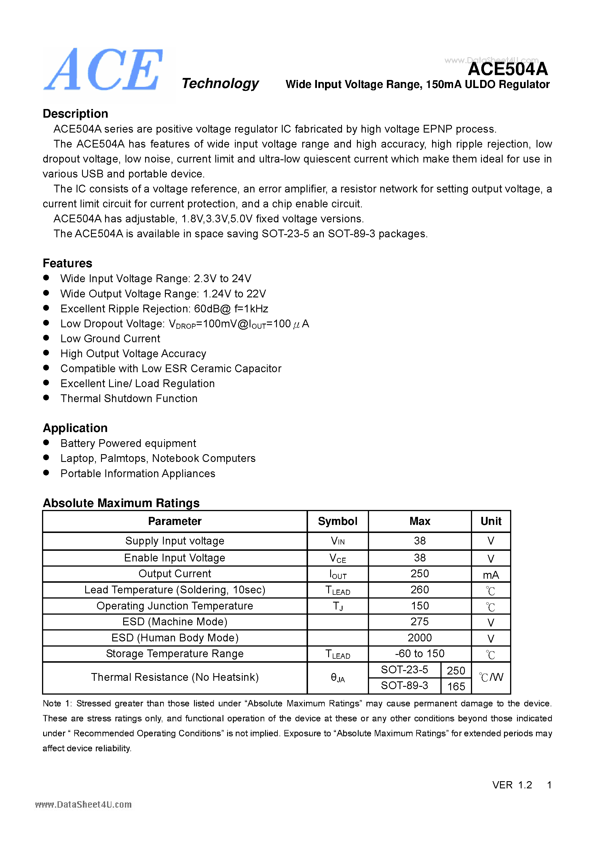 Datasheet ACE504A page 1 Datasheet ACE504A - Wide Input Voltage Range 150mA ULDO Regulator page 1
