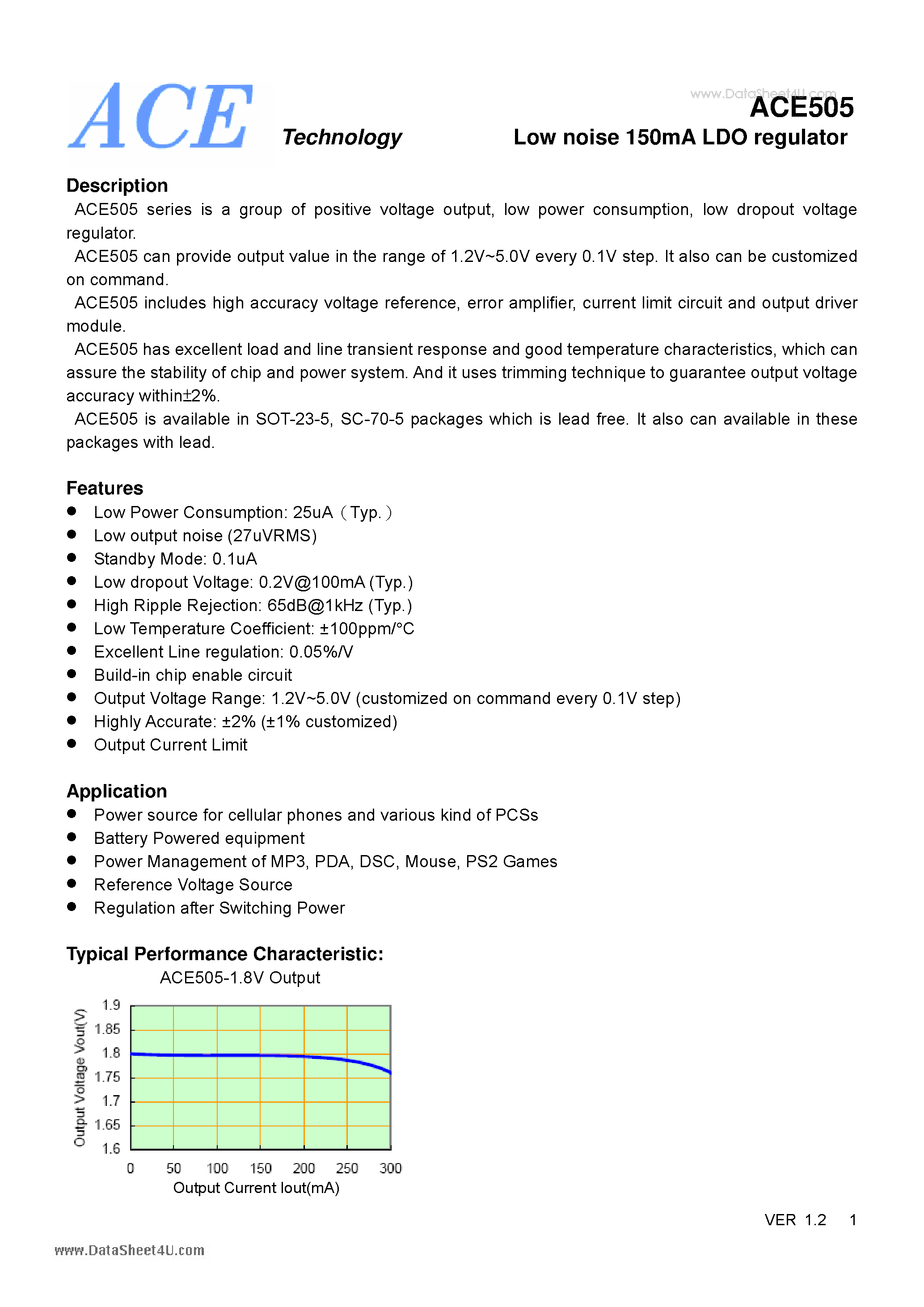 Datasheet ACE505 page 1 Datasheet ACE505 - Low noise 150mA LDO regulator page 1