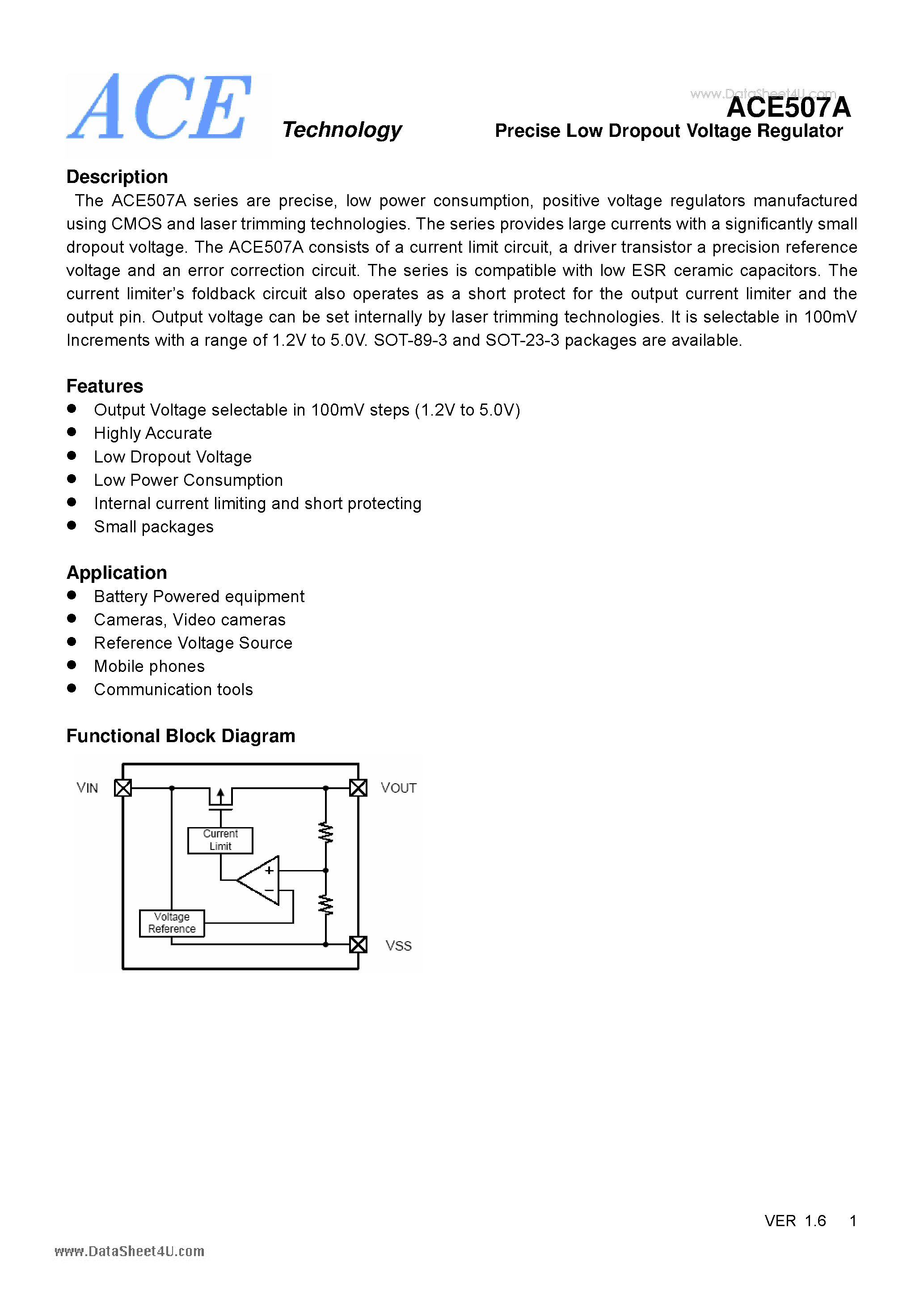 Datasheet ACE507A - Precise Low Dropout Voltage Regulator page 1
