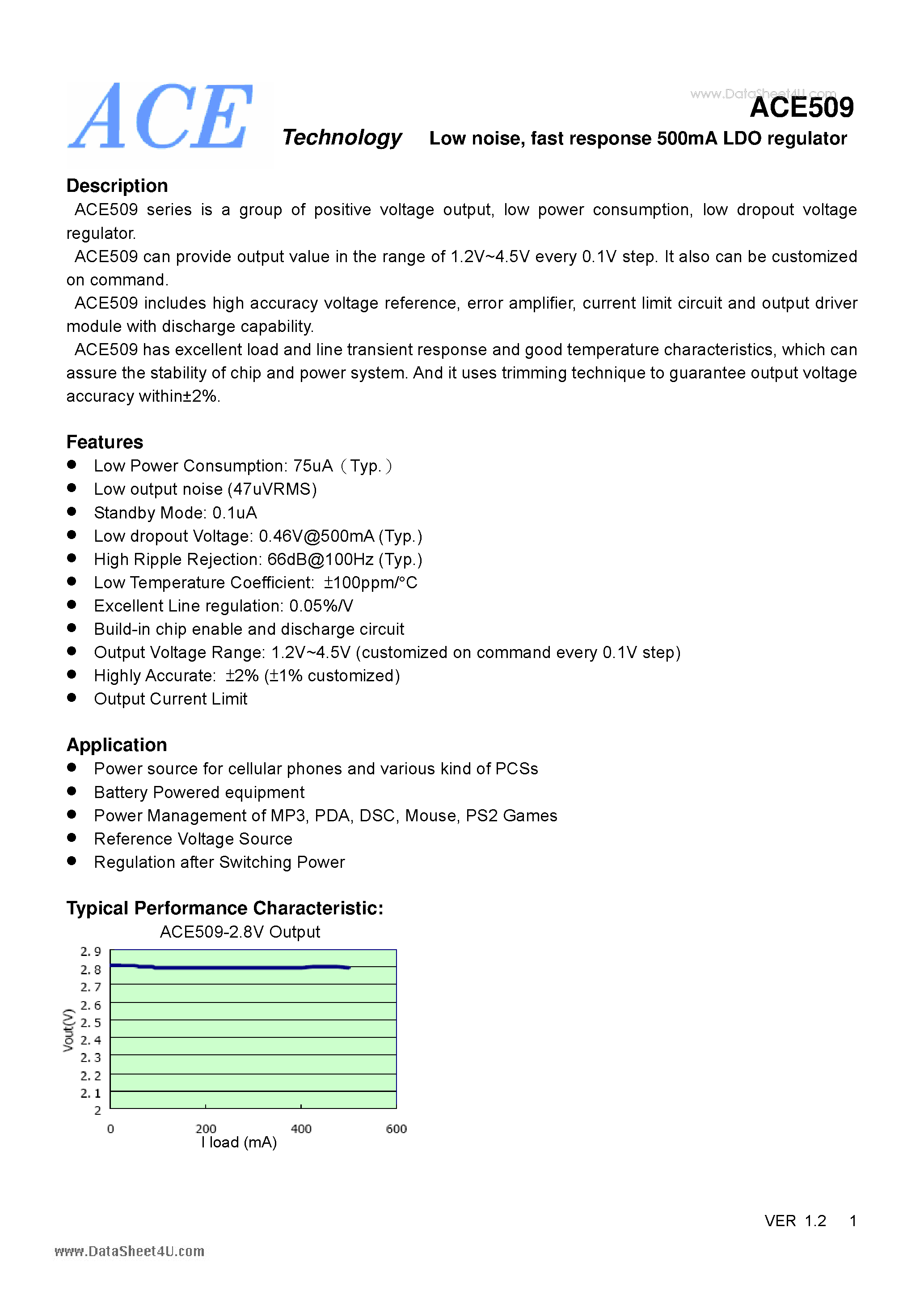 Datasheet ACE509 - Low noise fast response 500mA LDO regulator page 1