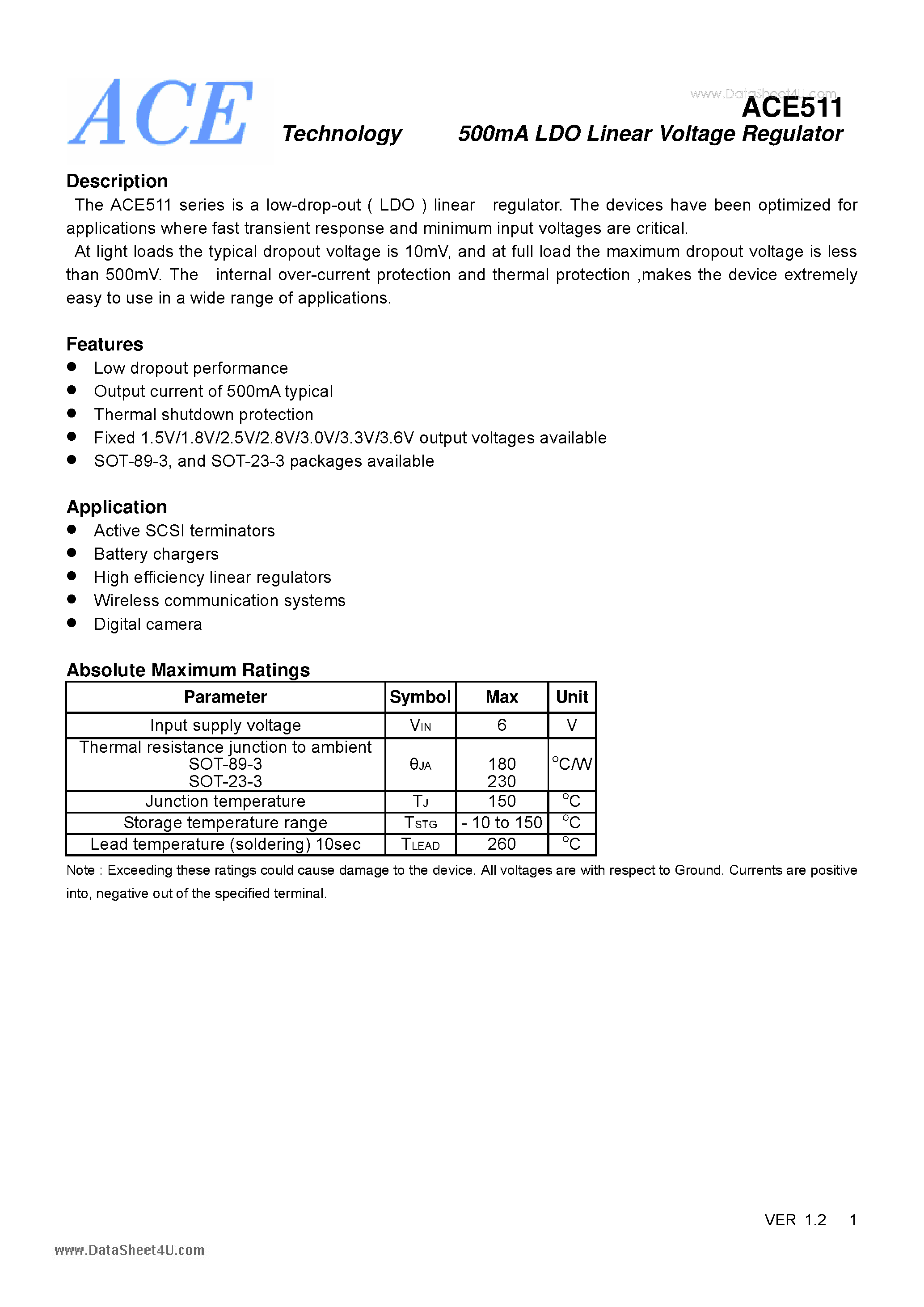 Datasheet ACE511 - 500mA LDO Linear Voltage Regulator page 1