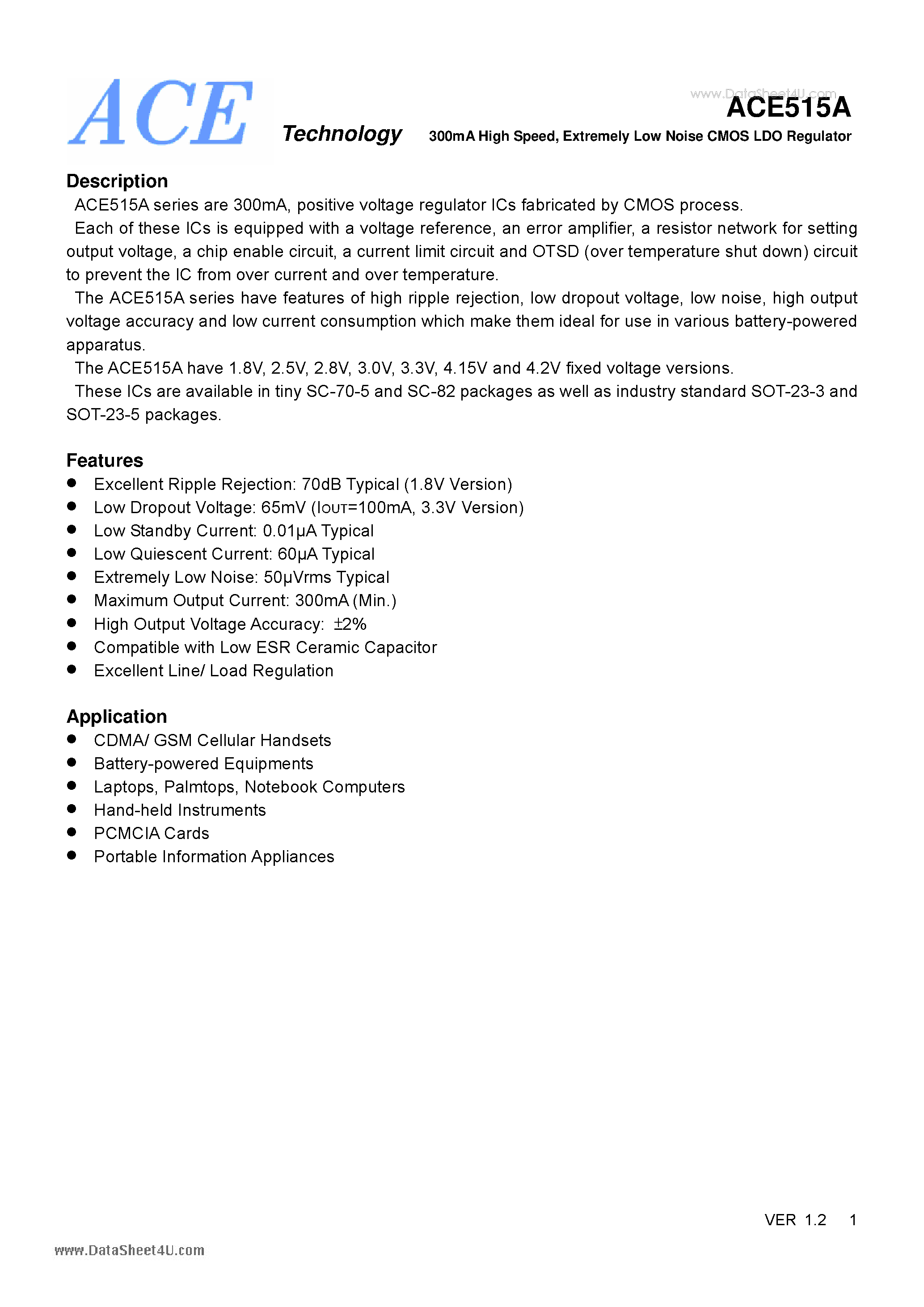 Datasheet ACE515A page 1 Datasheet ACE515A - Extremely Low Noise CMOS LDO Regulator page 1