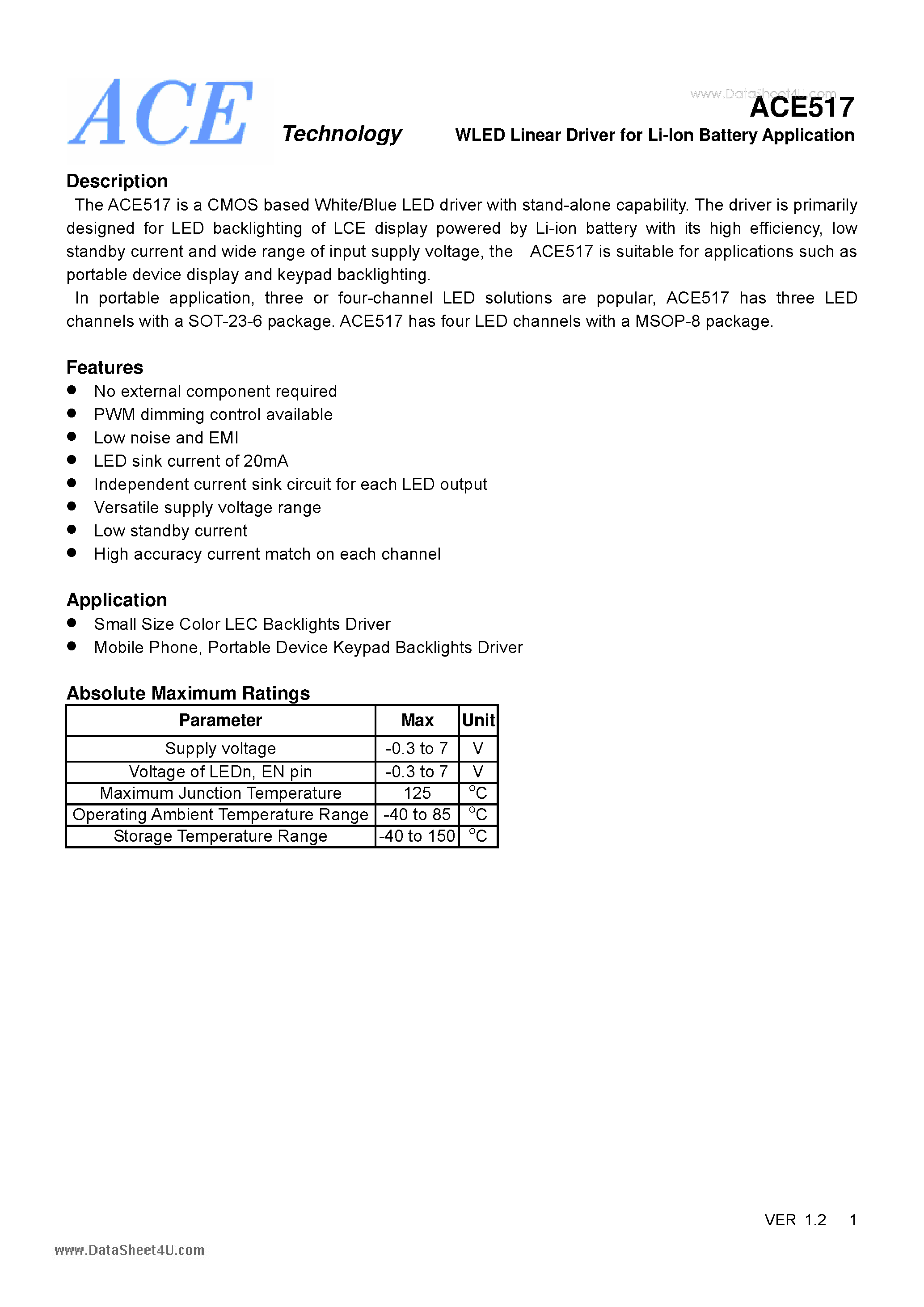 Datasheet ACE517 - WLED Linear Driver for Li-lon Battery Application page 1