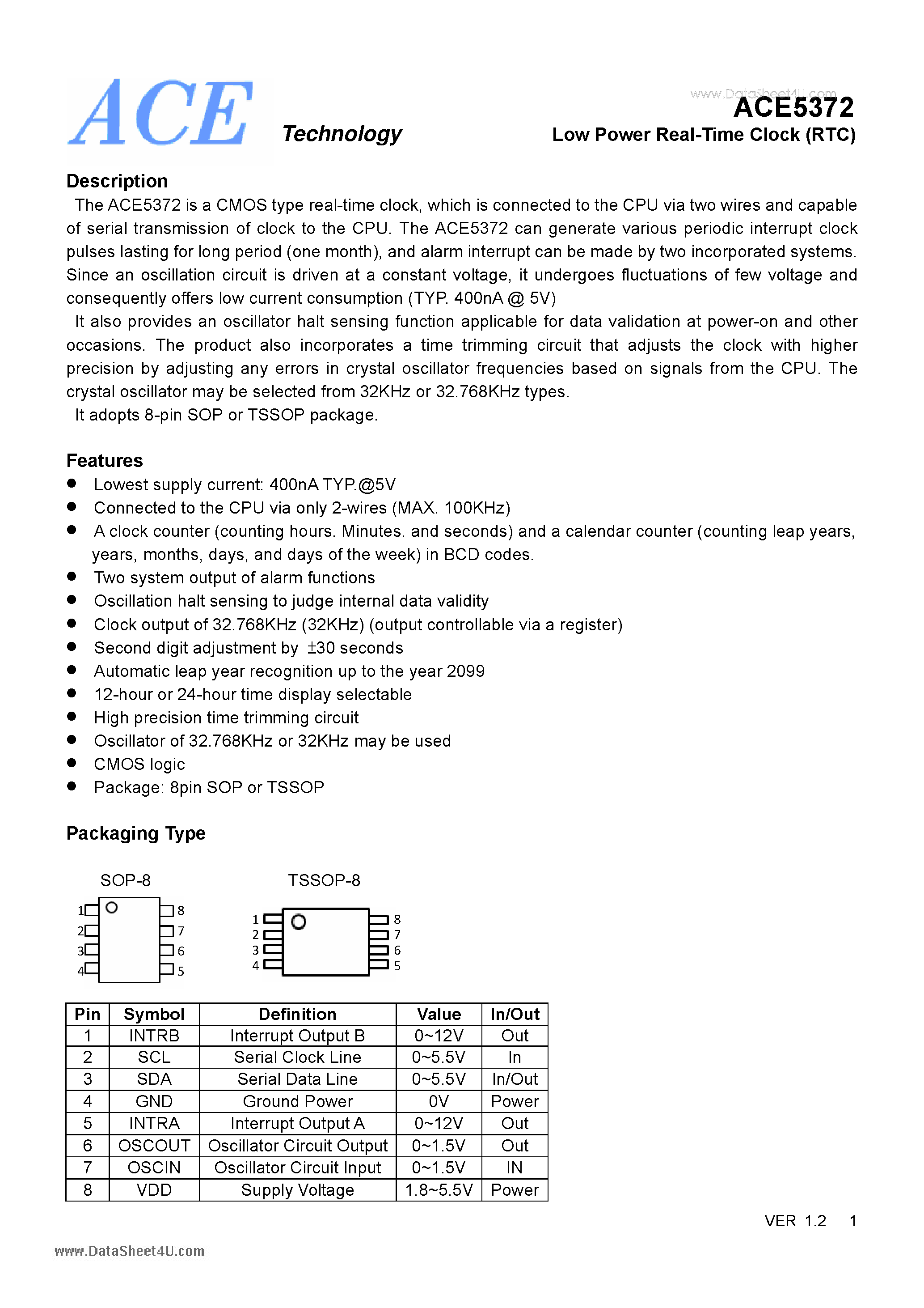 Datasheet ACE5372 - Low Power Real-Time Clock page 1