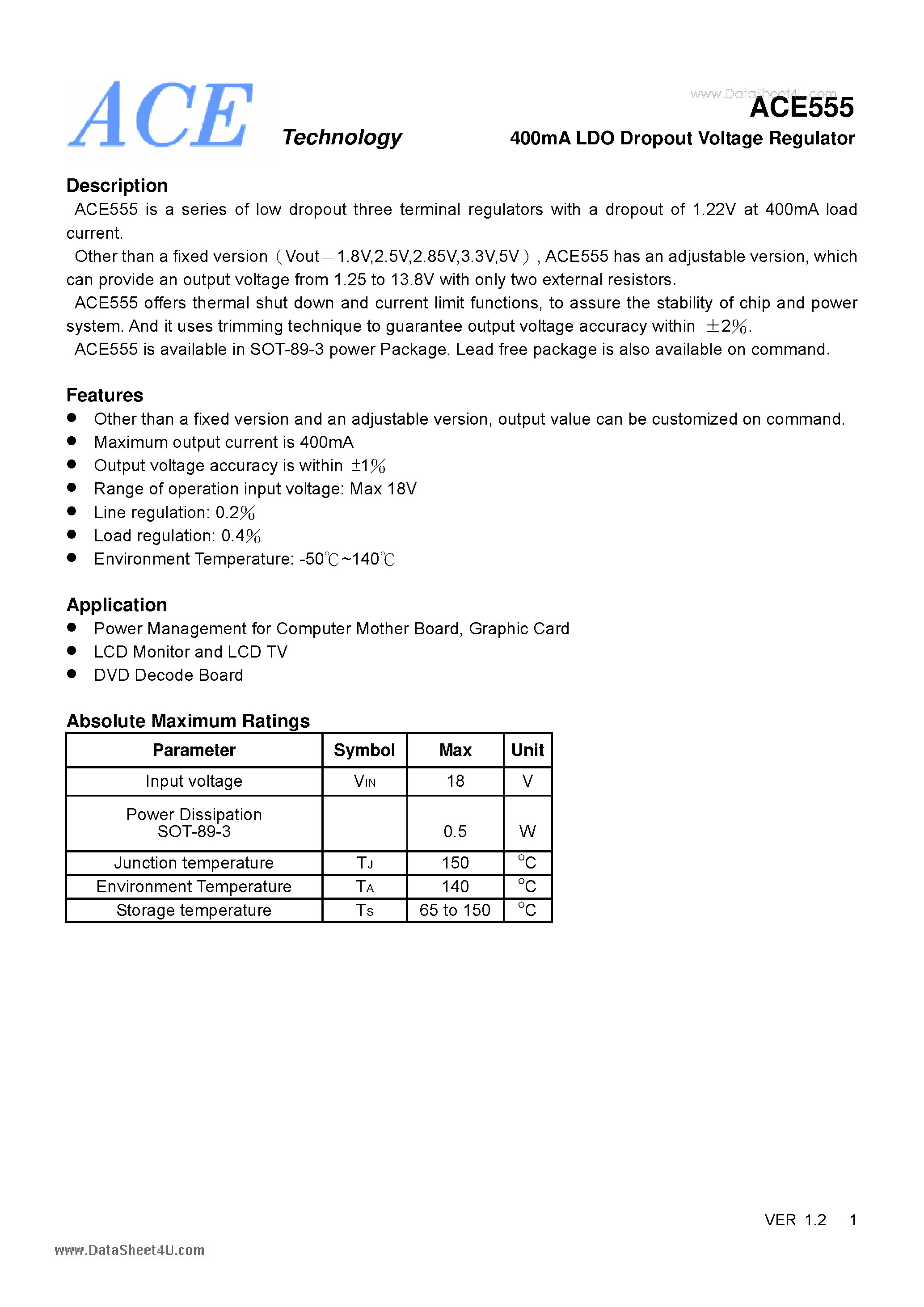 Datasheet ACE555 - 400mA LDO Dropout Voltage Regulator page 1