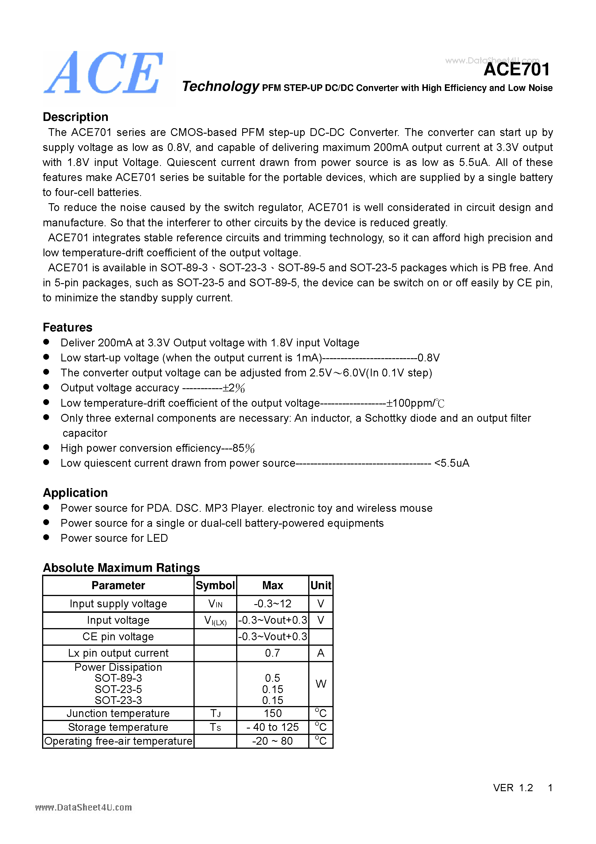 Datasheet ACE701 - PFM STEP-UP DC/DC Converter page 1