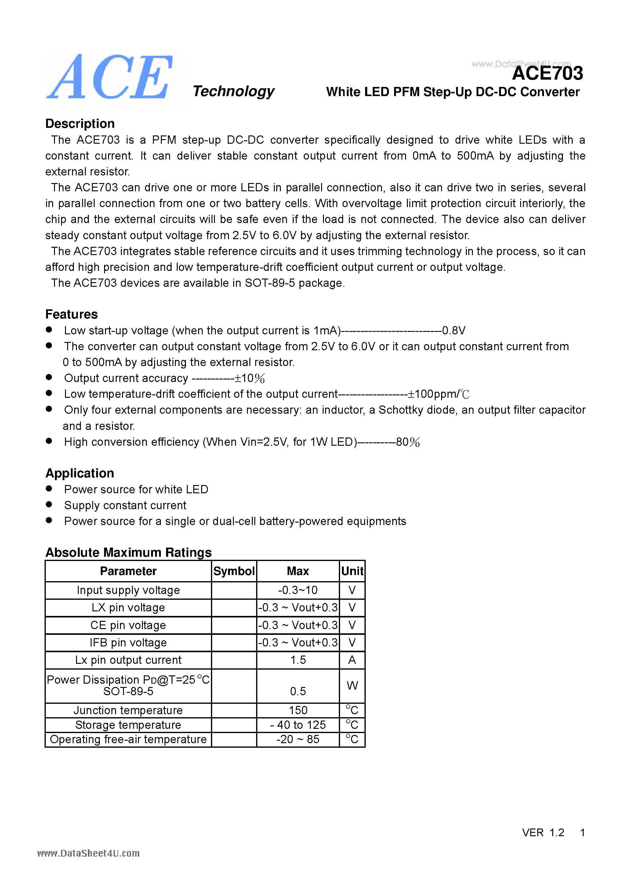 Datasheet ACE703 - White LED PFM Step-Up DC-DC Converter page 1