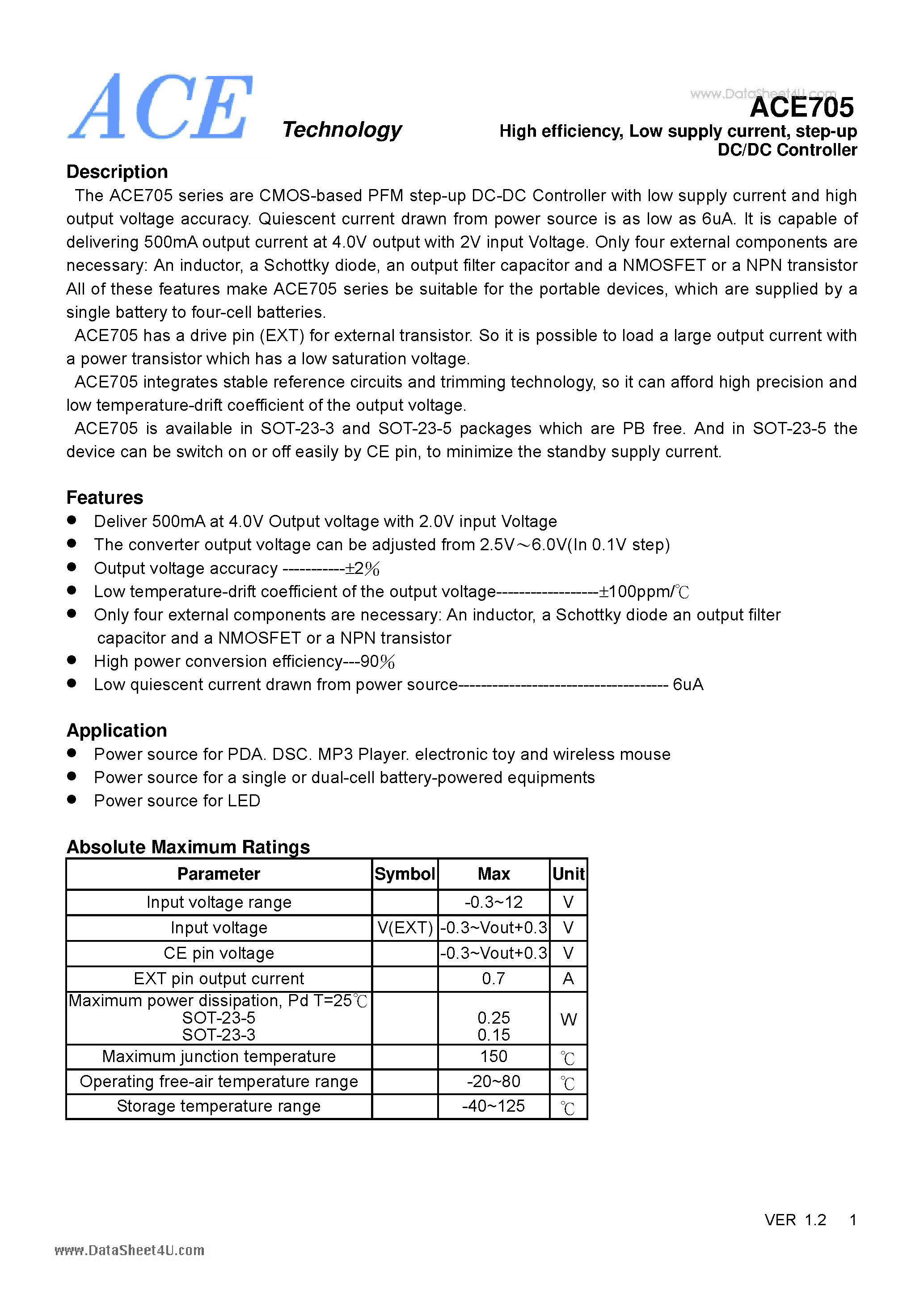 Datasheet ACE705 page 1 Datasheet ACE705 - High efficiency Low supply current step-up DC/DC Controller page 1
