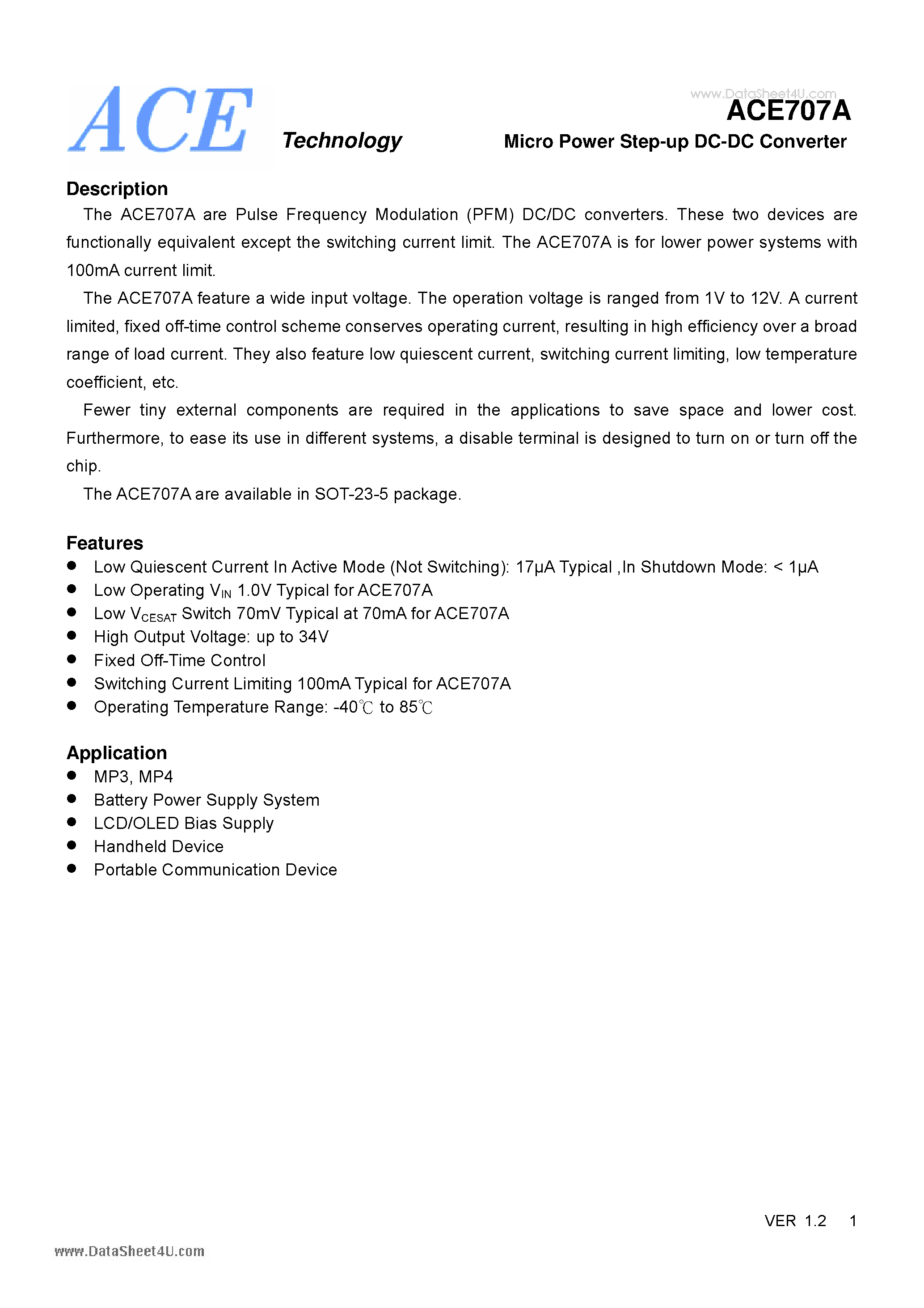 Datasheet ACE707A - Micro Power Step-up DC-DC Converter page 1