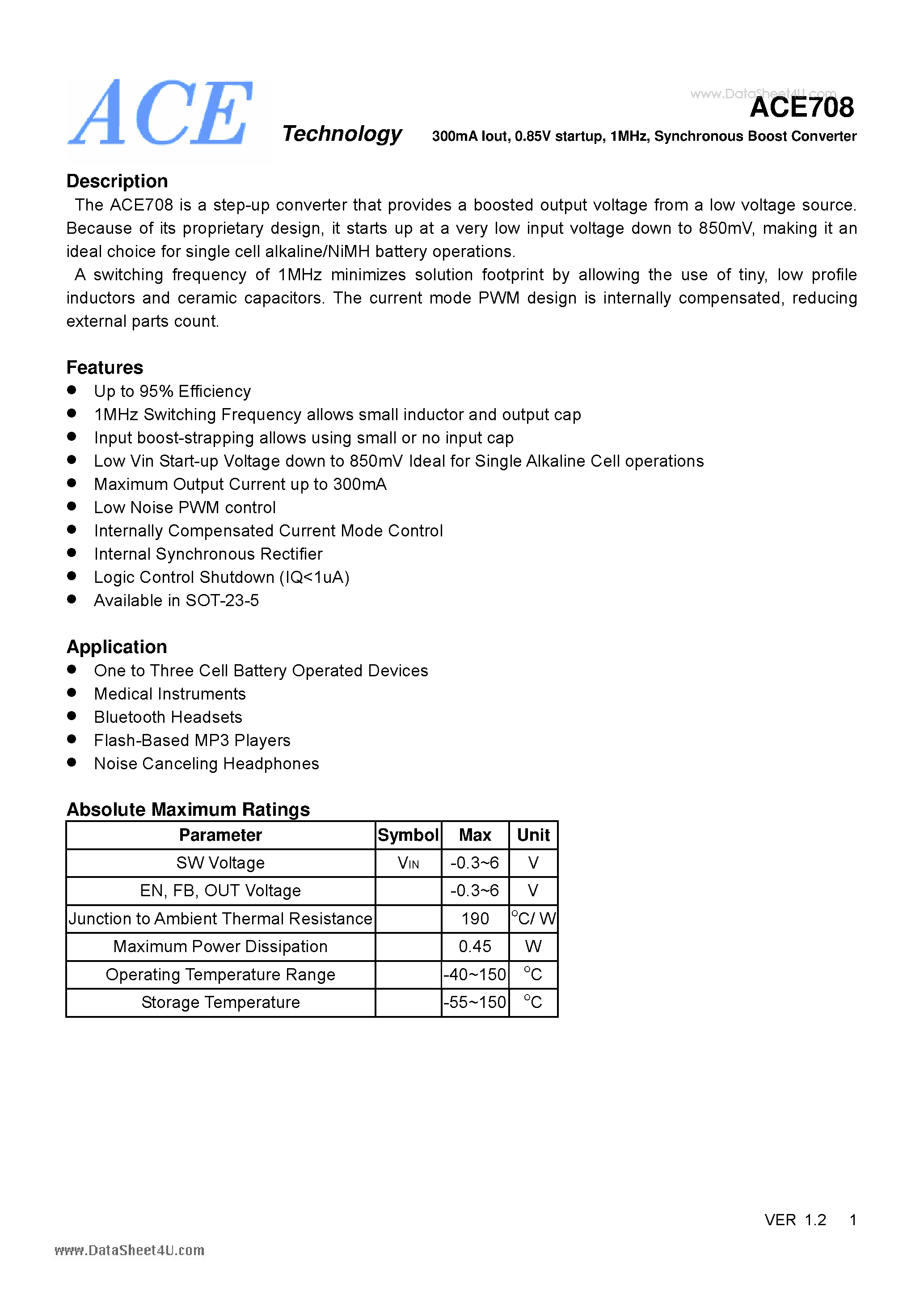 Datasheet ACE708 - 300mA Iout 0.85V startup 1MHz Synchronous Boost Converter page 1