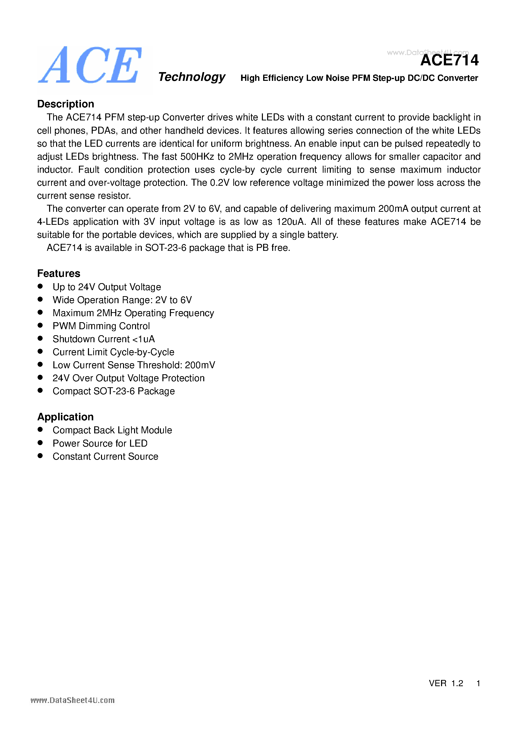 Datasheet ACE714 - High Efficiency Low Noise PFM Step-up DC/DC Converter page 1