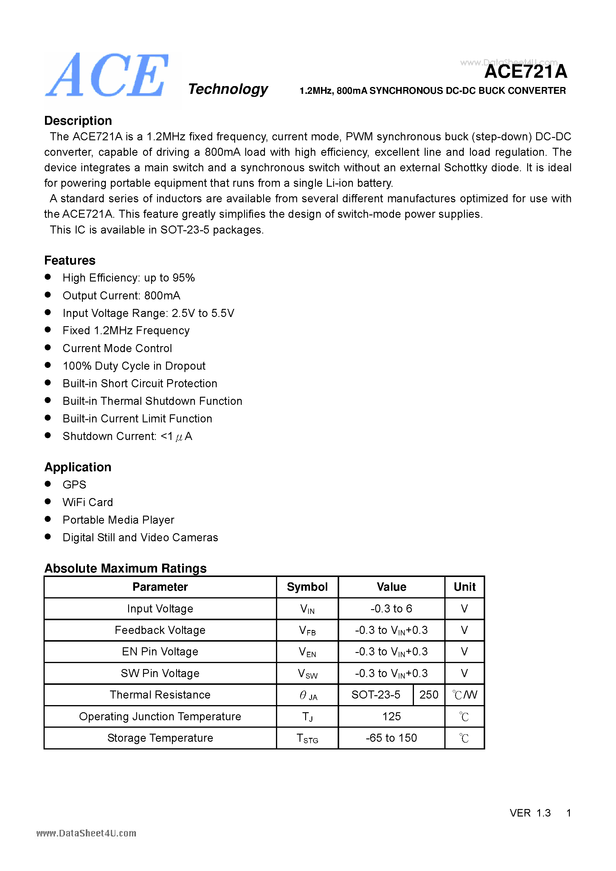 Datasheet ACE721A - 1.2MHz 800mA SYNCHRONOUS DC-DC BUCK CONVERTER page 1