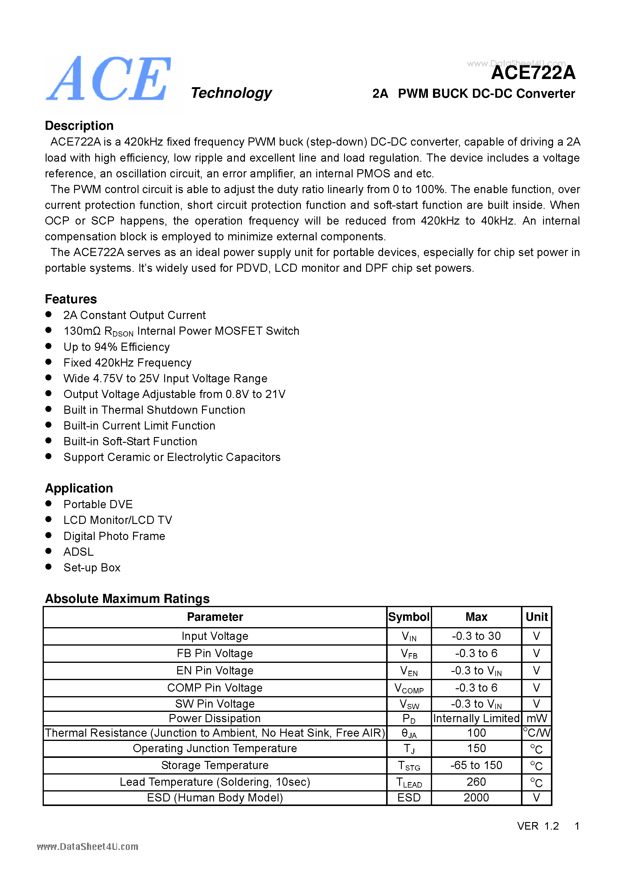 Datasheet ACE722A - 2A PWM BUCK DC-DC Converter page 1