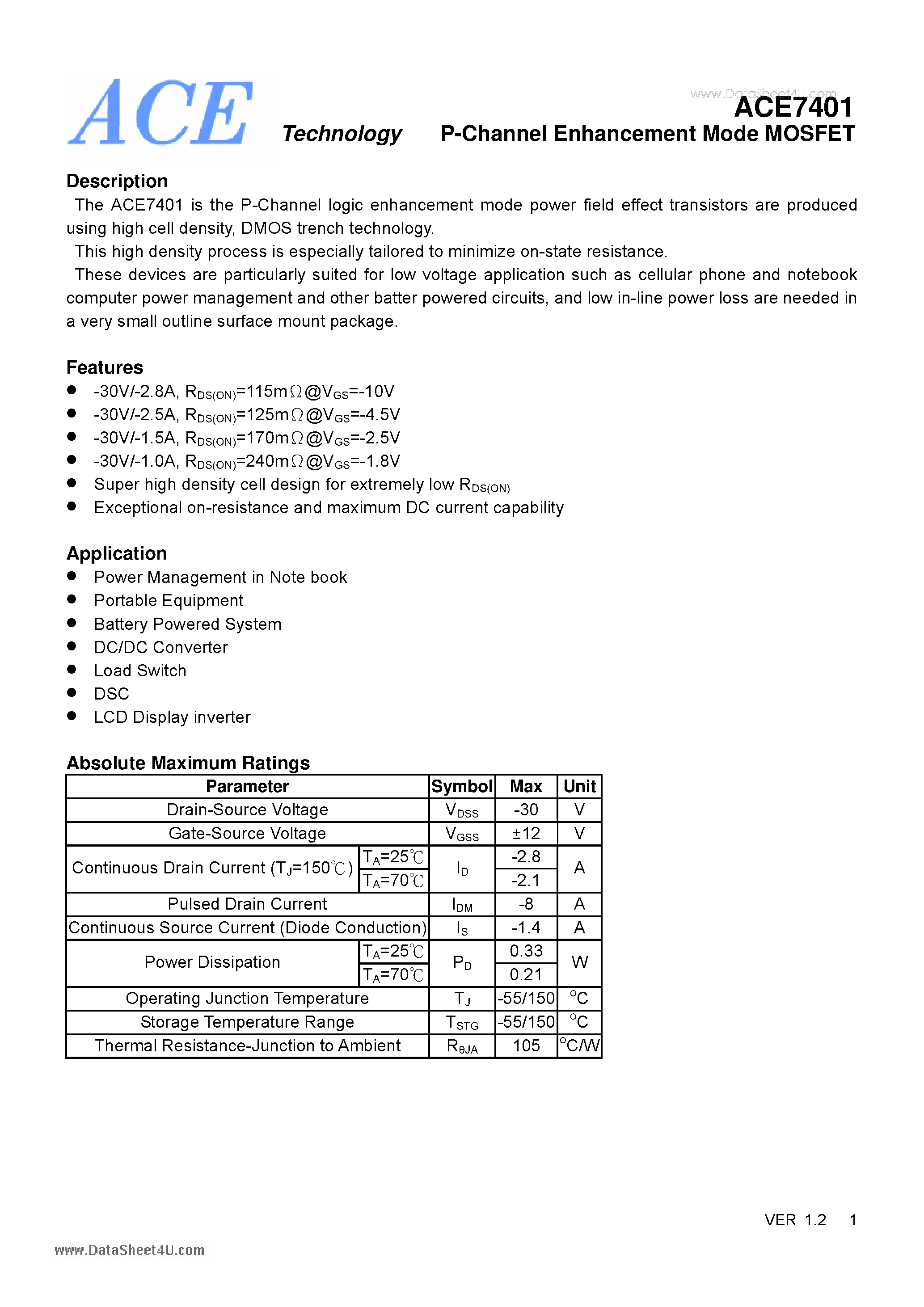 Datasheet ACE7401 - P-Channel Enhancement Mode MOSFET page 1