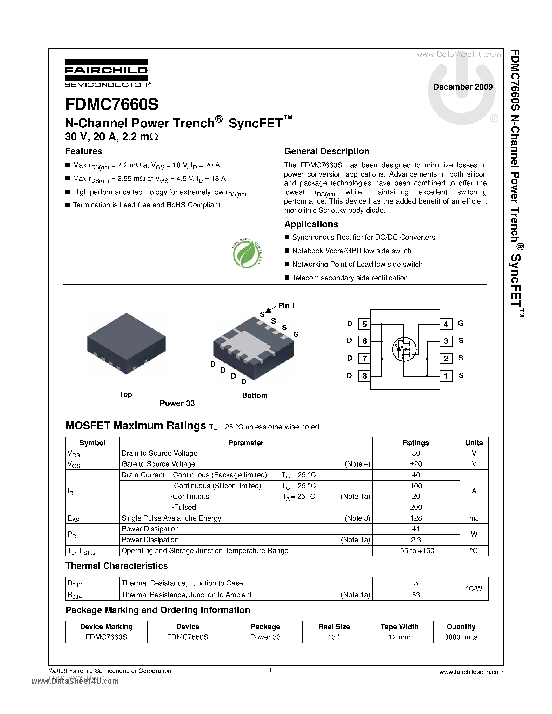 Datasheet FDMC7660S - N-Channel Power Trench page 1
