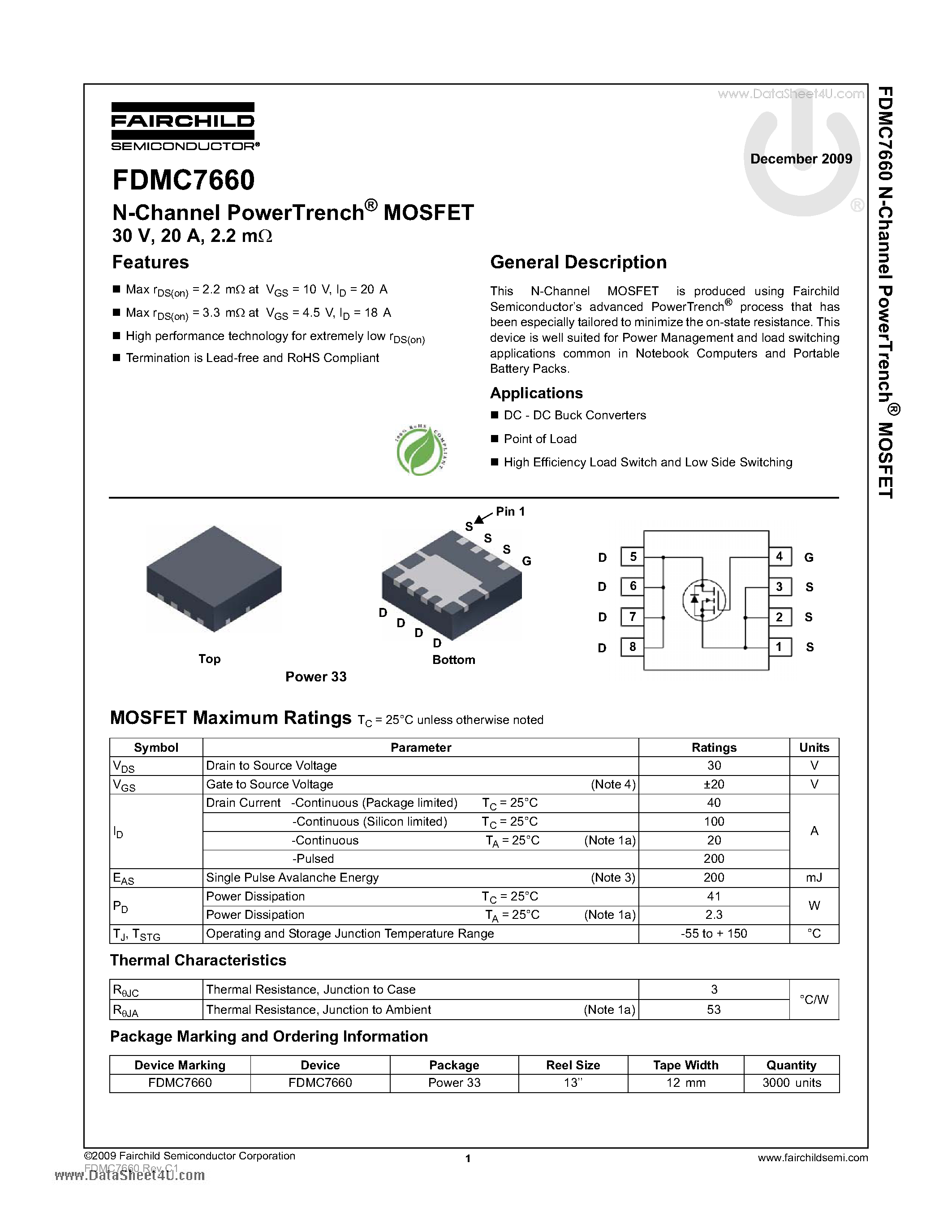 Datasheet FDMC7660 - N-Channel PowerTrench MOSFET page 1