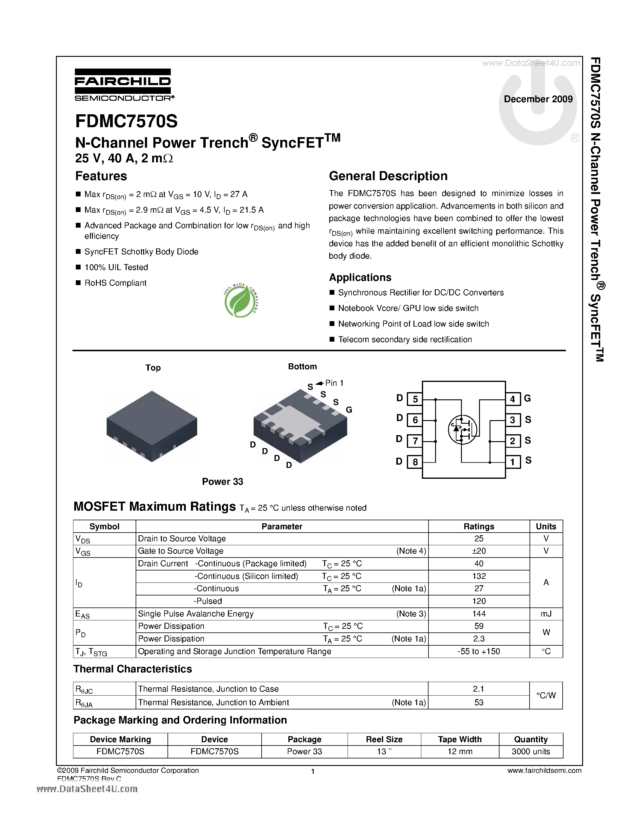 Datasheet FDMC7570S - N-Channel Power Trench SyncFET page 1
