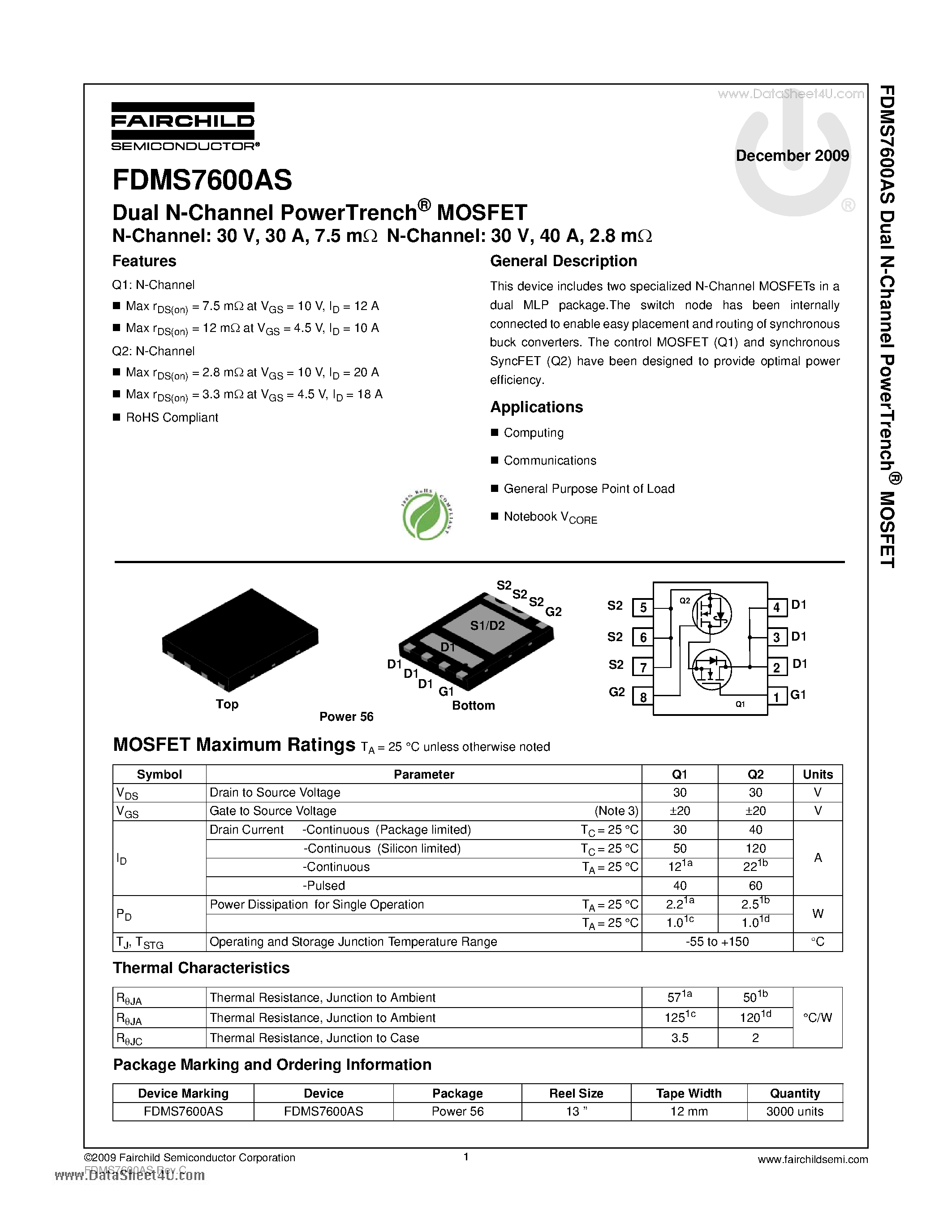Datasheet FDMS7600AS - Dual N-Channel PowerTrench MOSFET page 1