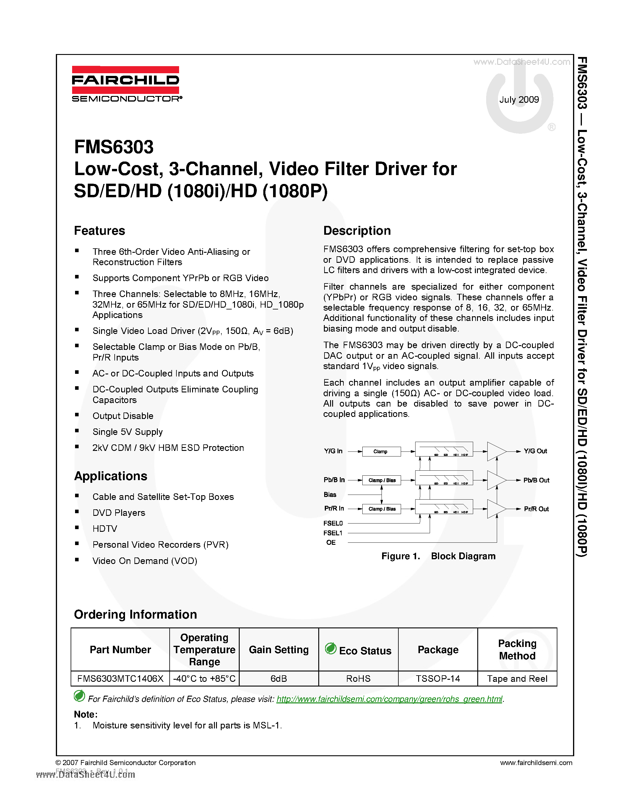 Даташит FMS6303 - Low-Cost 3-Channel Video Filter Driver страница 1