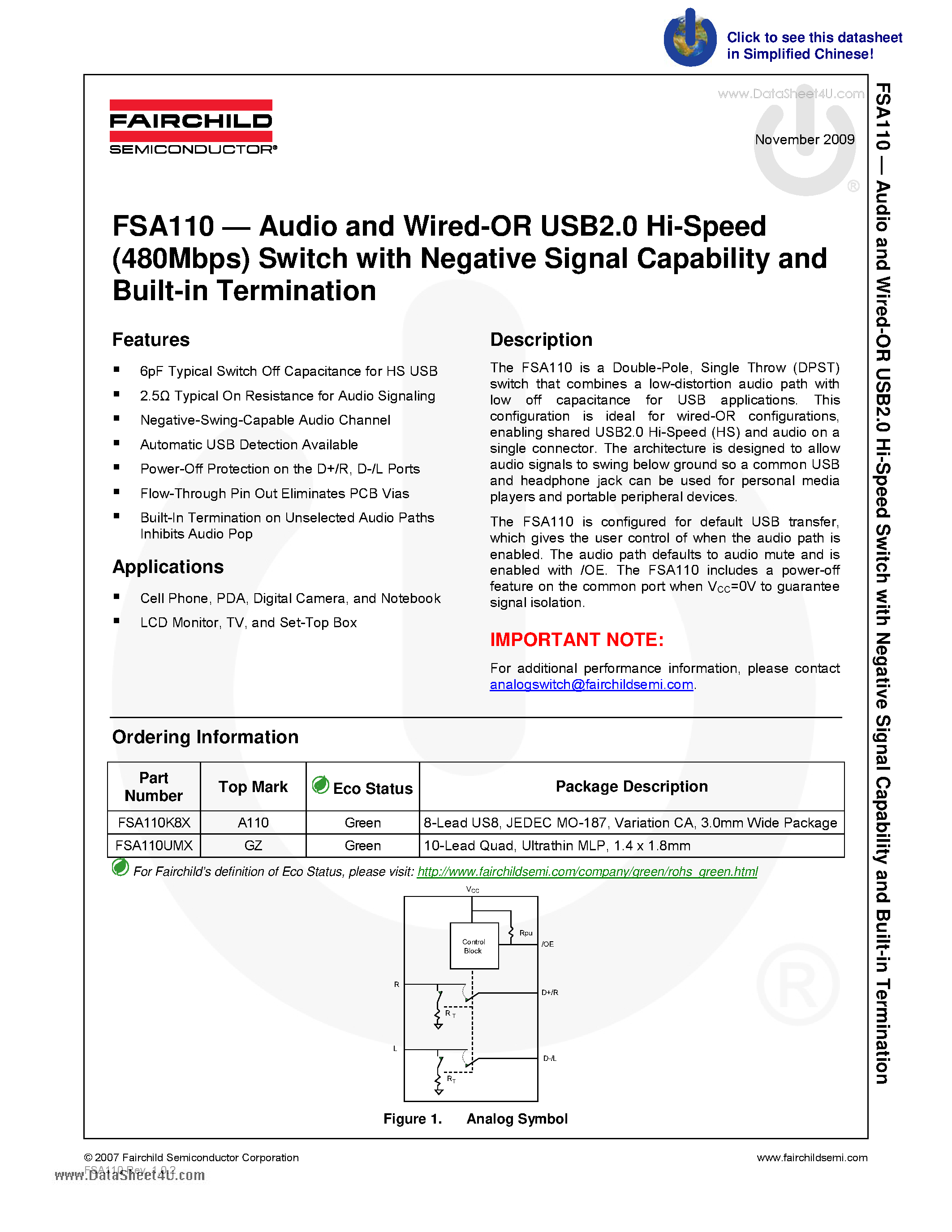Datasheet FSA110 - Audio and Wired-OR USB2.0 Hi-Speed(480Mbps) Switch page 1