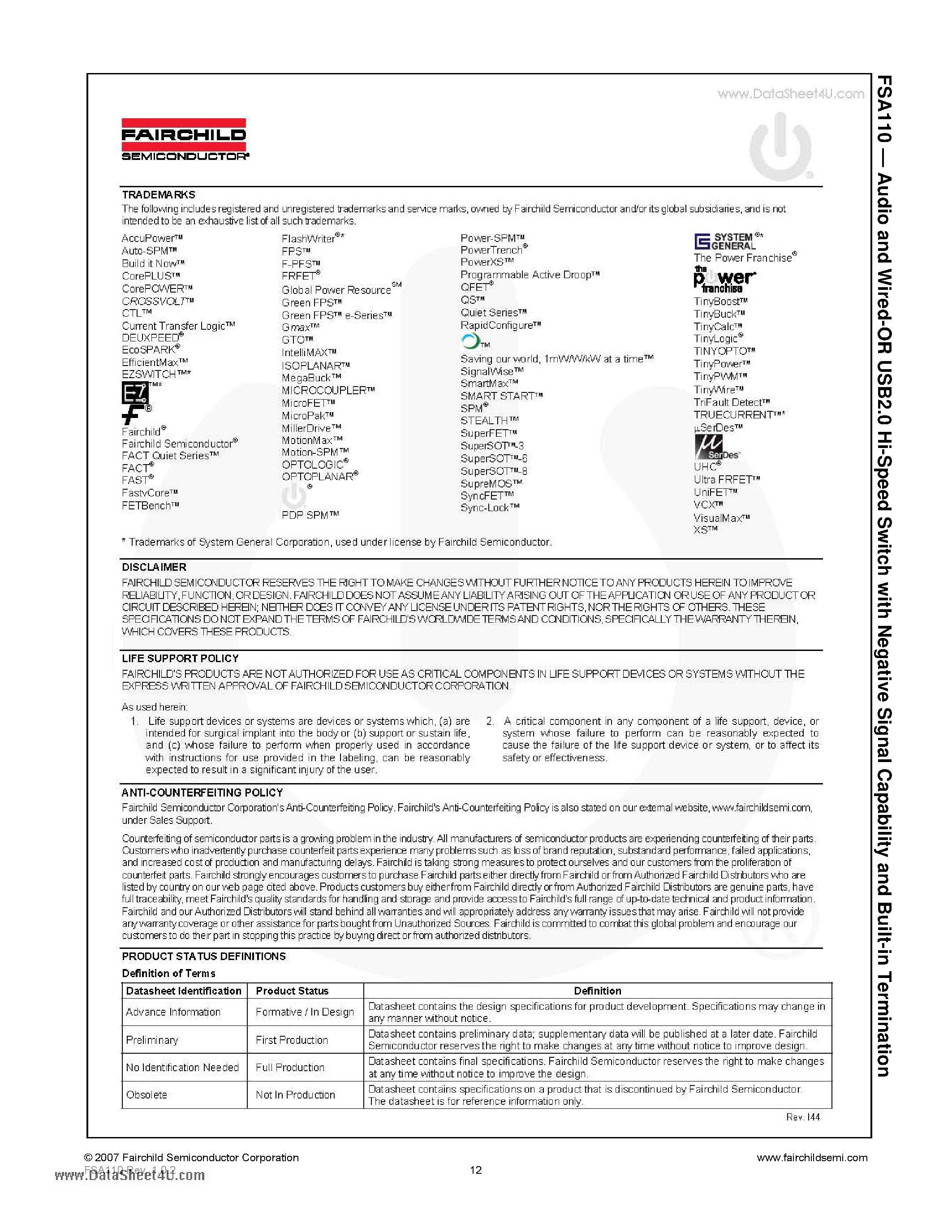 Datasheet FSA110 - Audio and Wired-OR USB2.0 Hi-Speed(480Mbps) Switch page 2
