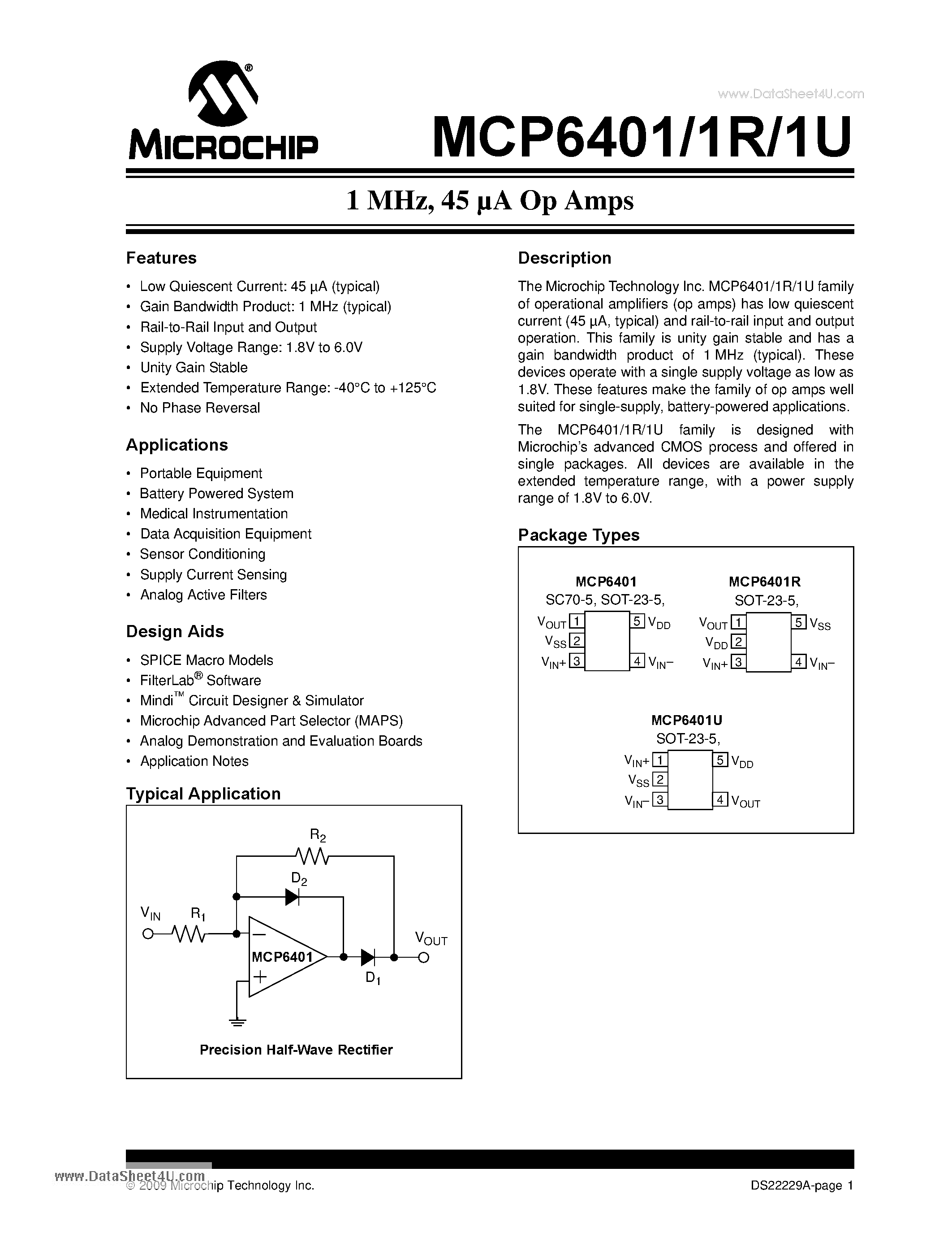 Datasheet MCP6401 - 1 MHz 45 A Op Amps page 1