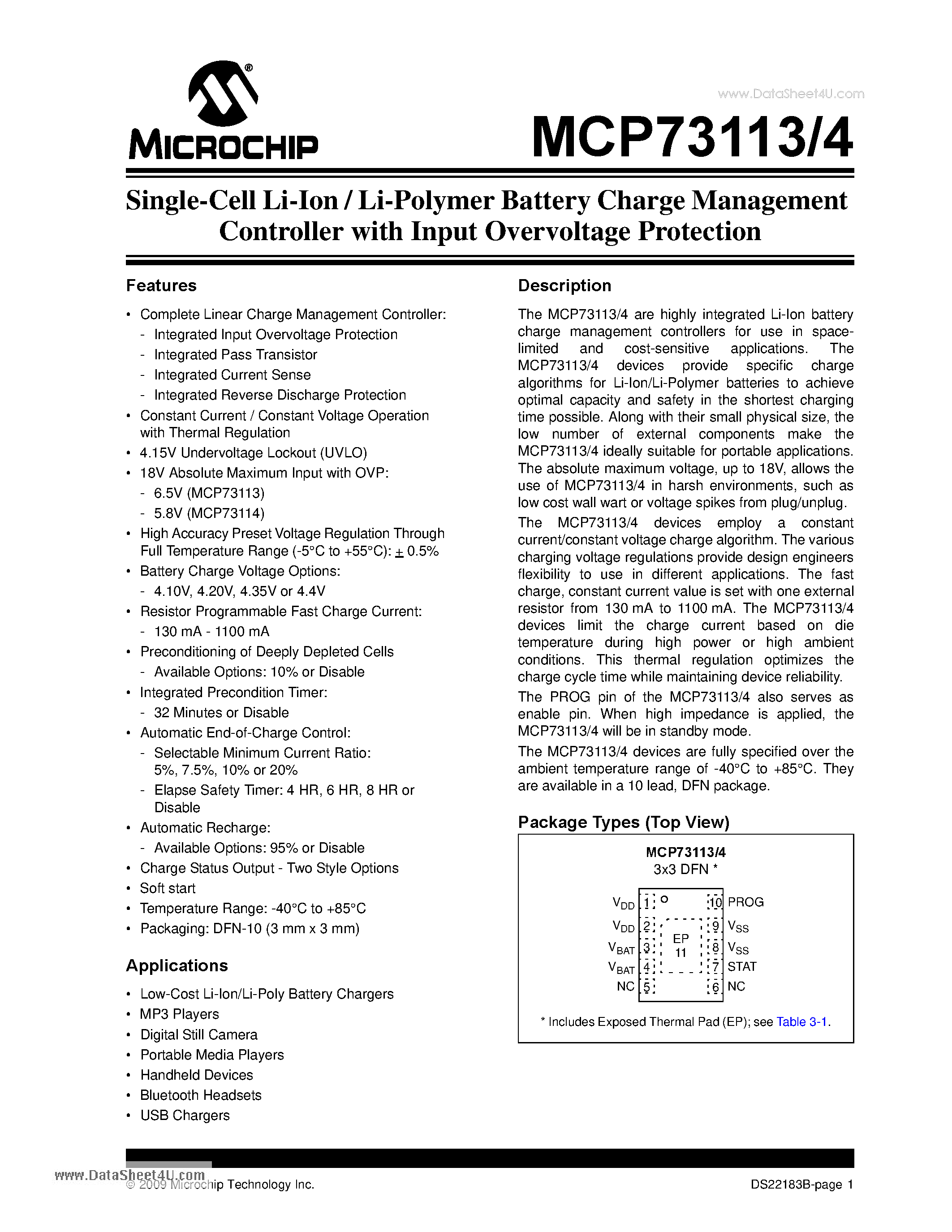 Datasheet MCP73113 page 1 Datasheet MCP73113 - Single-Cell Li-Ion / Li-Polymer Battery Charge Management Controller with Input Overvoltage Protection page 1