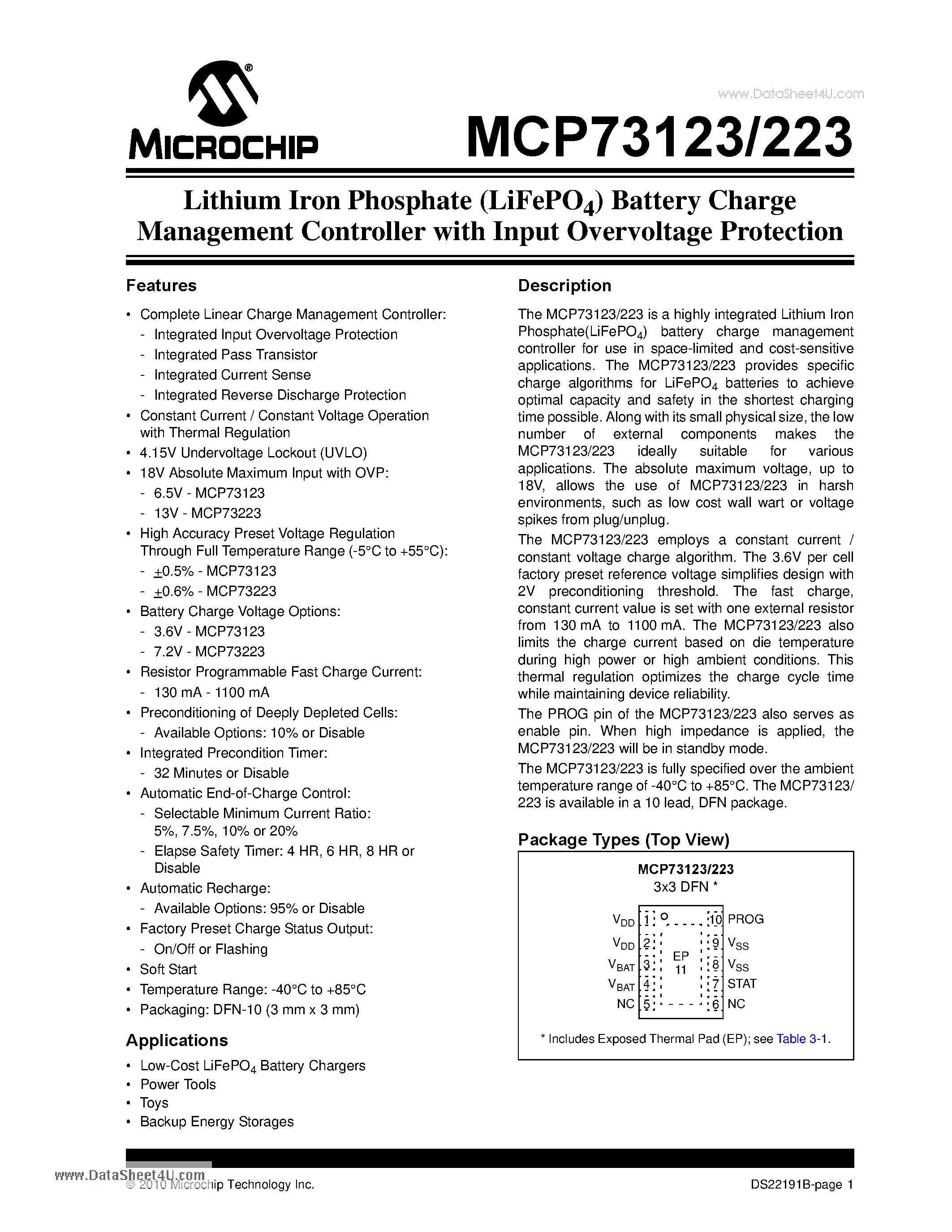 Datasheet MCP73123 page 1 Datasheet MCP73123 - Lithium Iron Phosphate (LiFePO4) Battery Charge Management Controller page 1