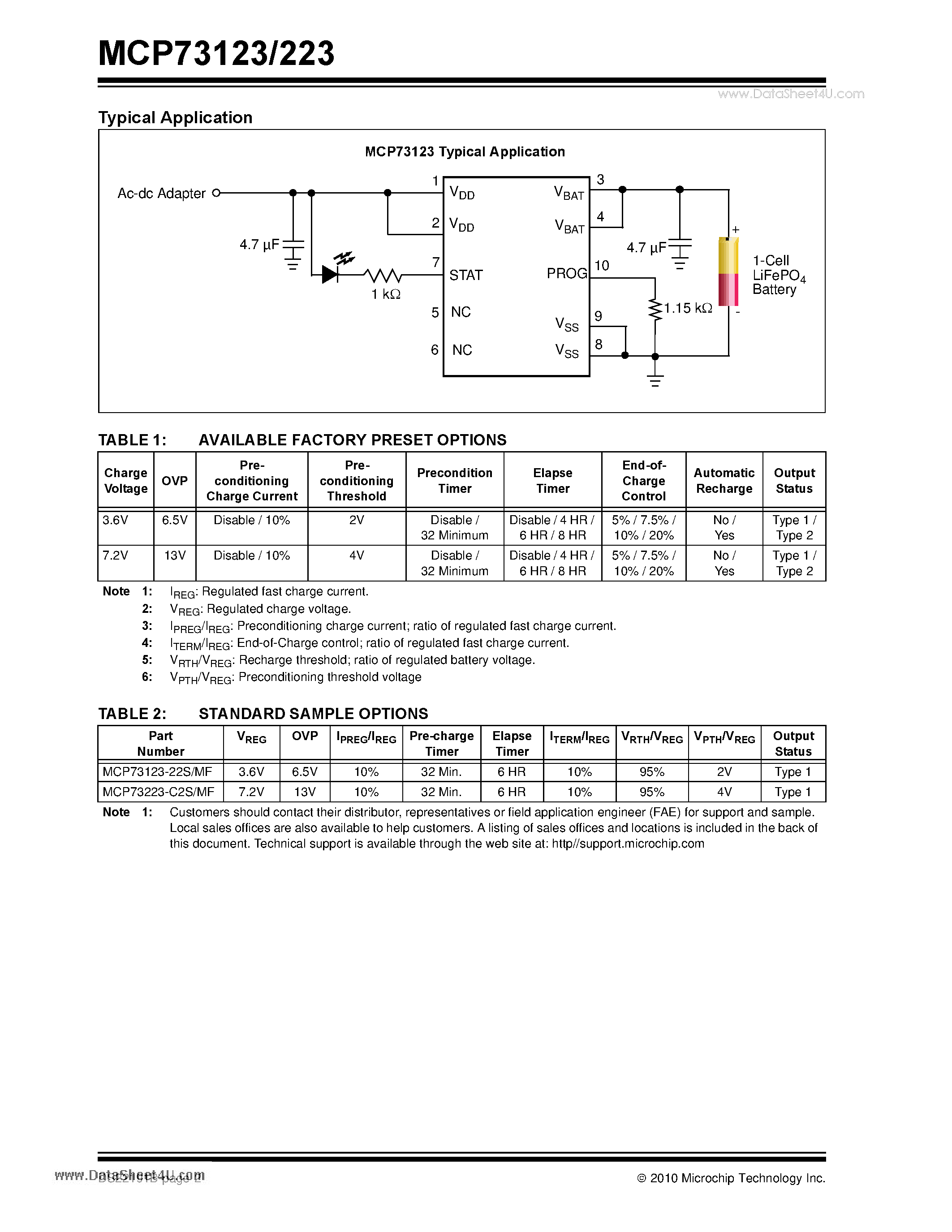 Datasheet MCP73123 page 2 Datasheet MCP73123 - Lithium Iron Phosphate (LiFePO4) Battery Charge Management Controller page 2
