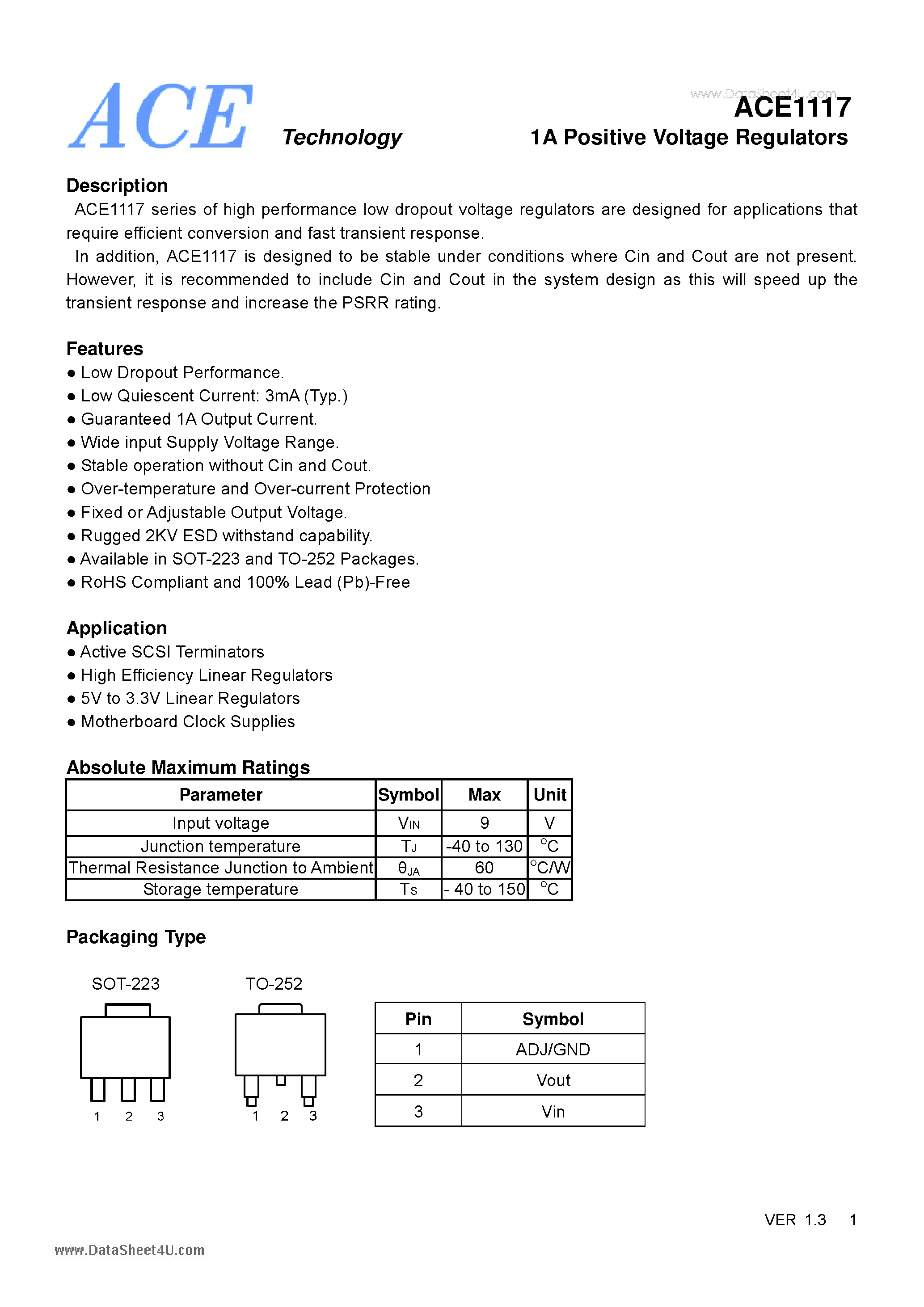 Datasheet ACE1117 page 1 Datasheet ACE1117 - 1A Positive Voltage Regulators page 1