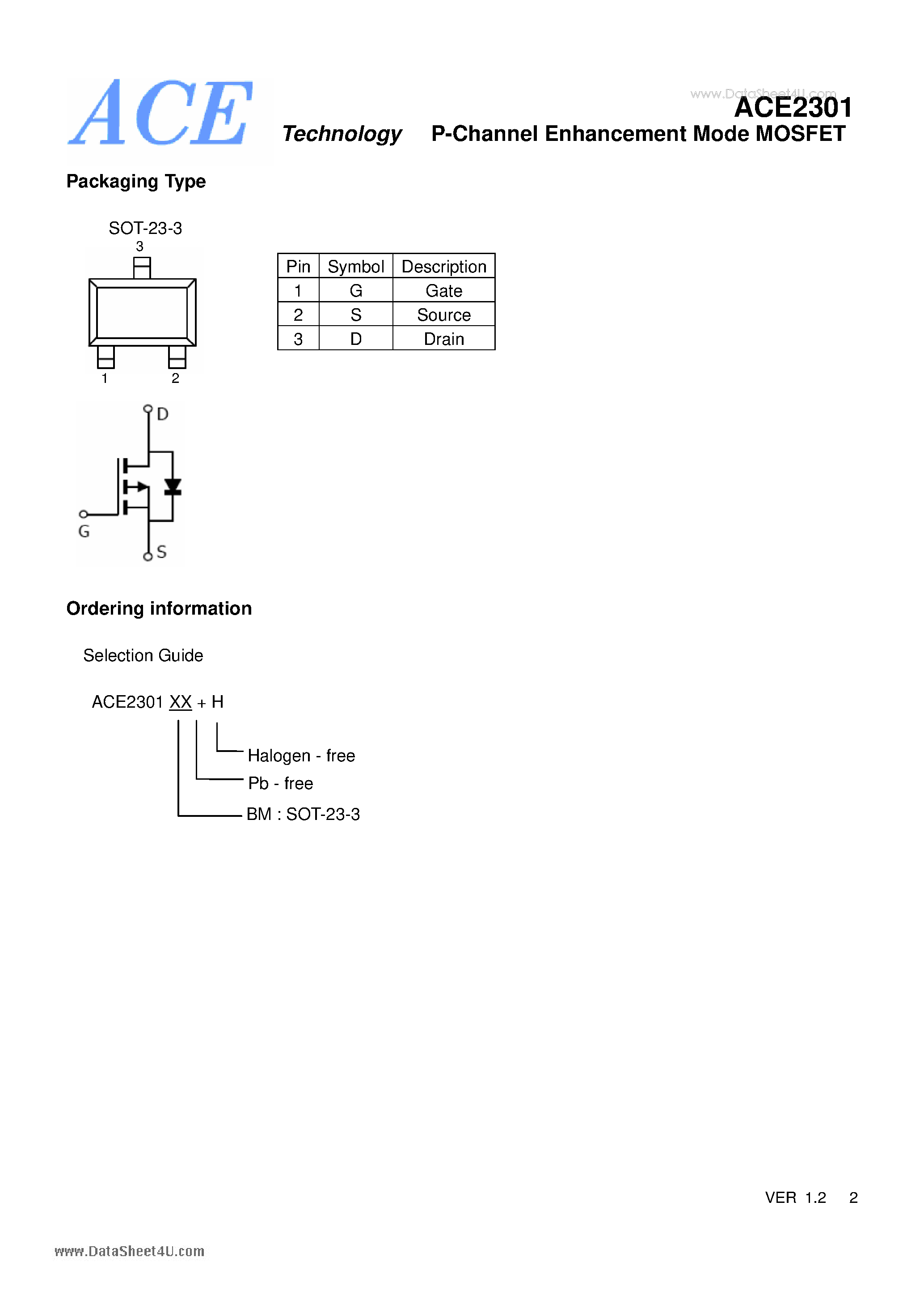 Даташит ACE2301 - P-Channel Enhancement Mode MOSFET страница 2