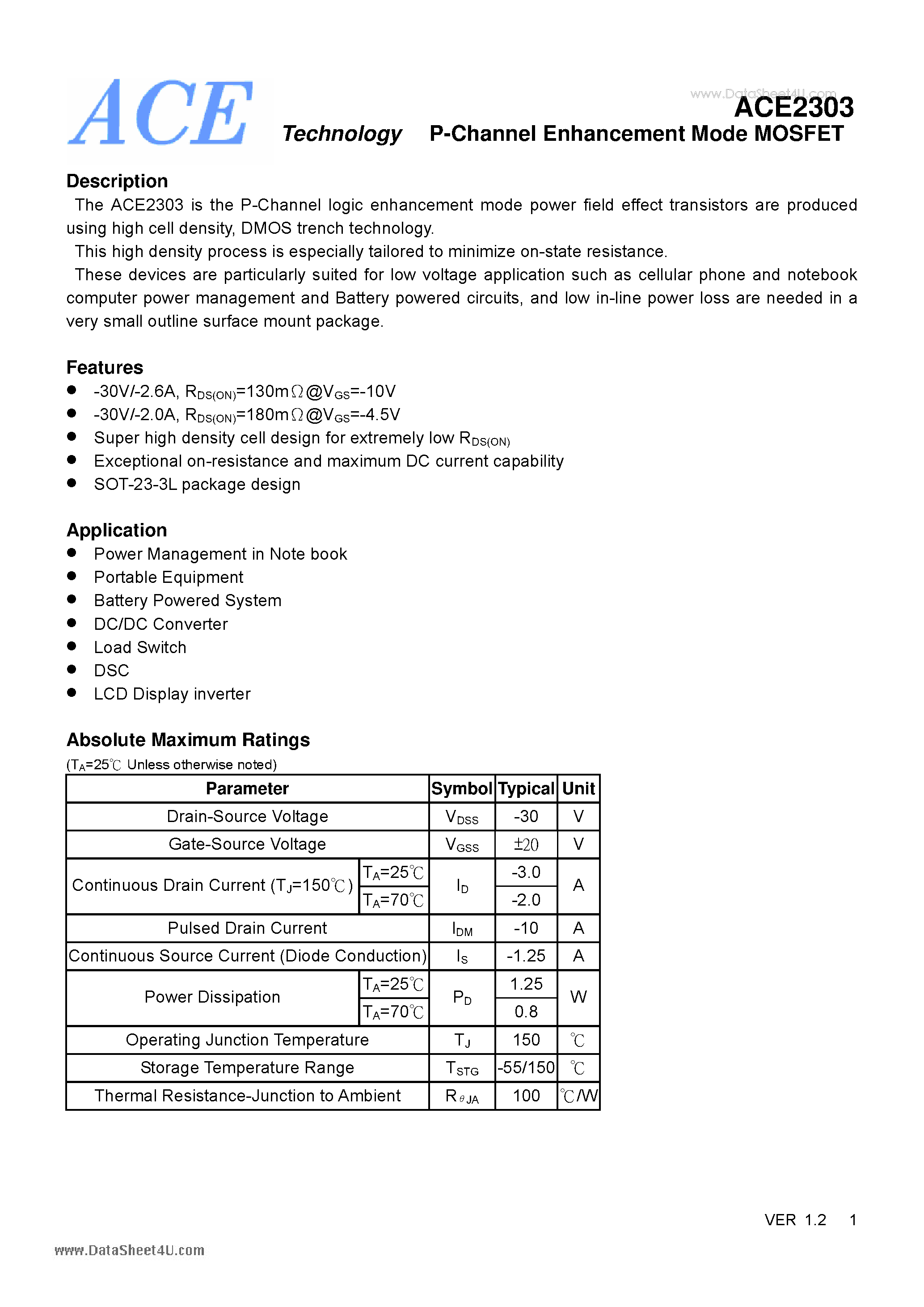 Datasheet ACE2303 - P-Channel Enhancement Mode MOSFET page 1
