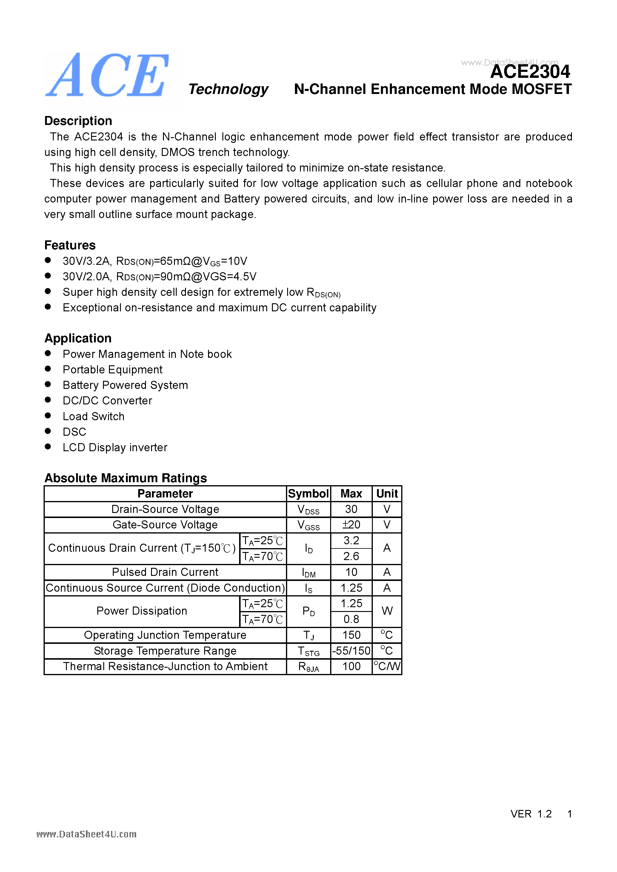 Datasheet ACE2304 - N-Channel Enhancement Mode MOSFET page 1