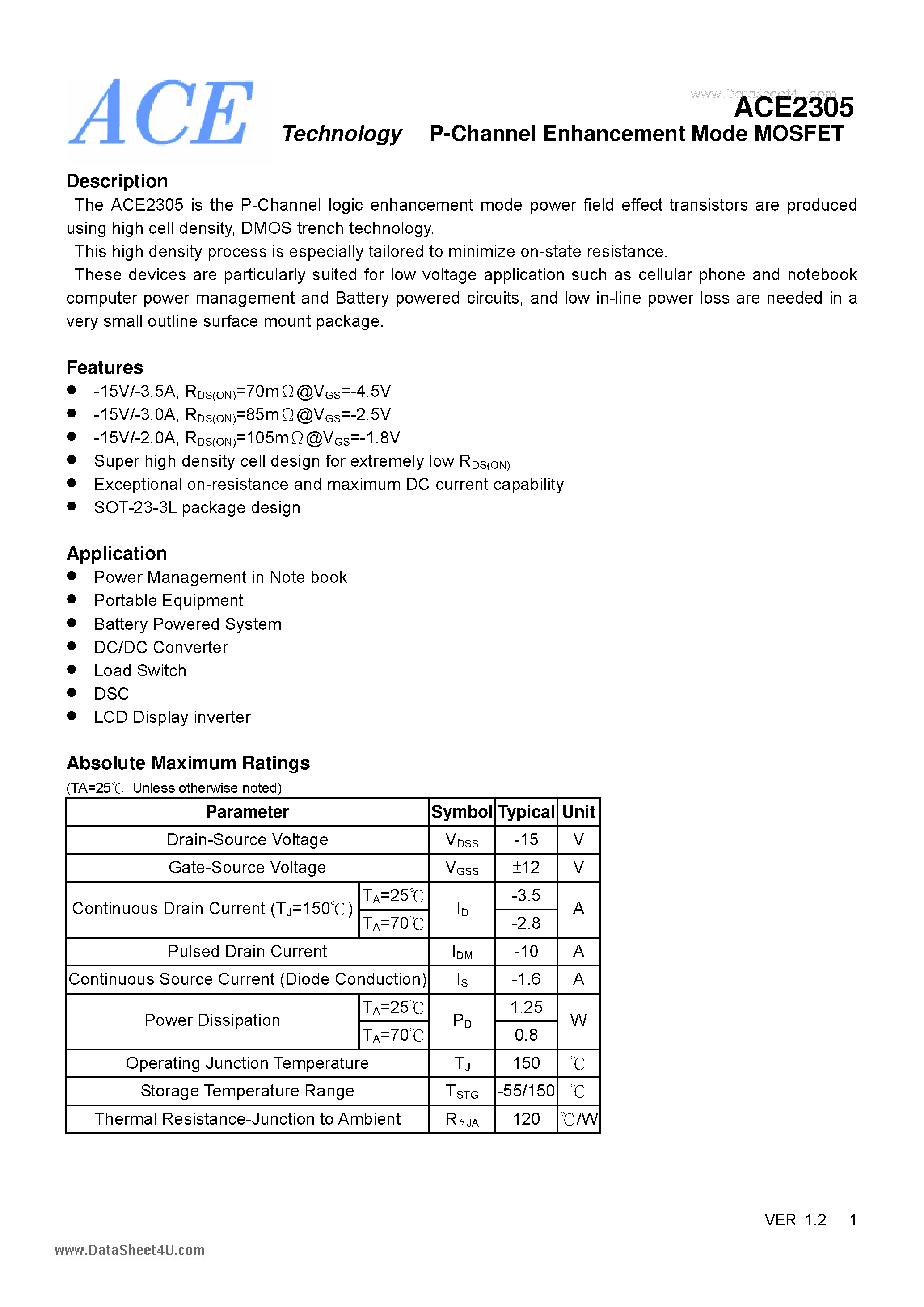 Datasheet ACE2305 - P-Channel Enhancement Mode MOSFET page 1