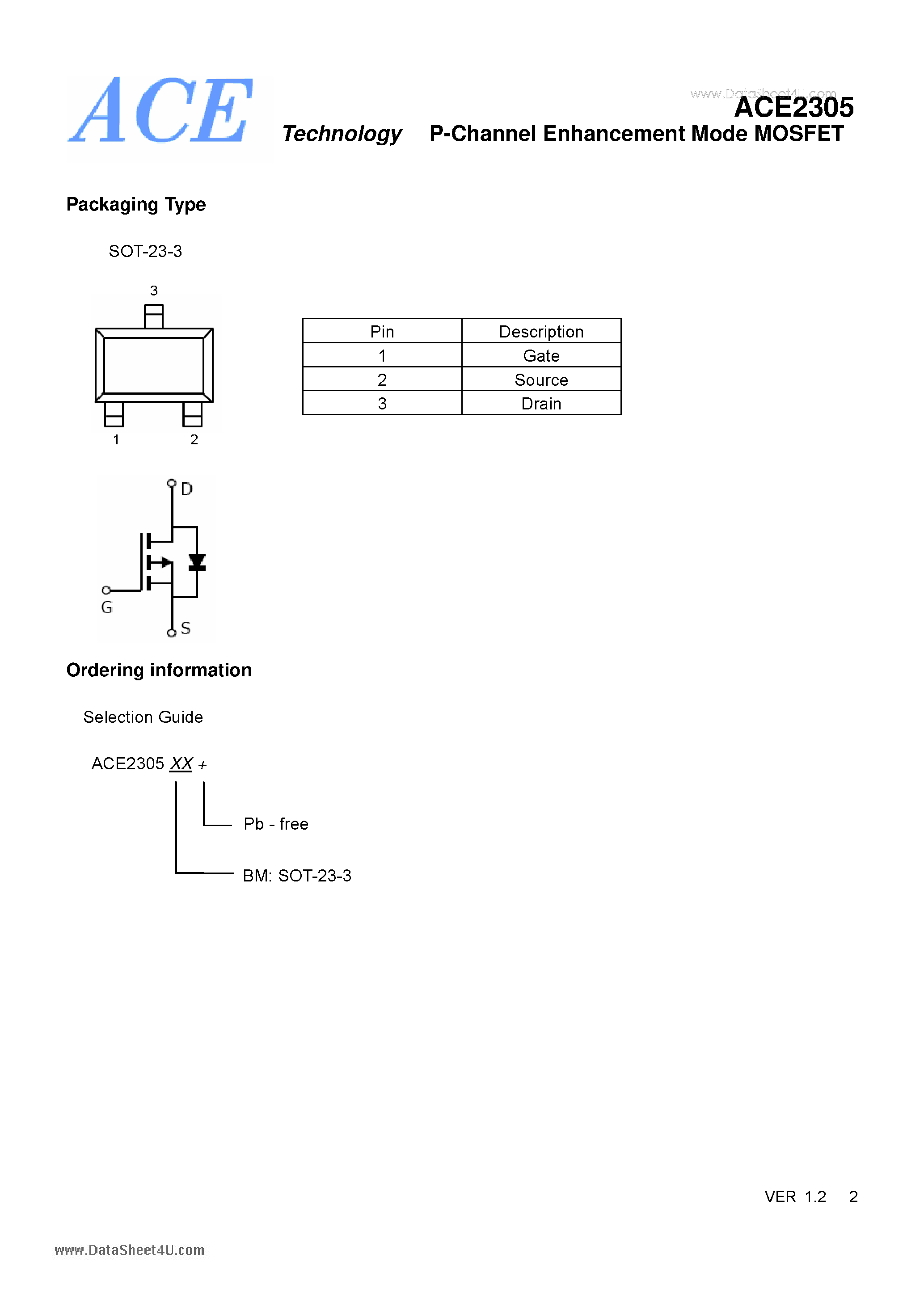 Datasheet ACE2305 - P-Channel Enhancement Mode MOSFET page 2