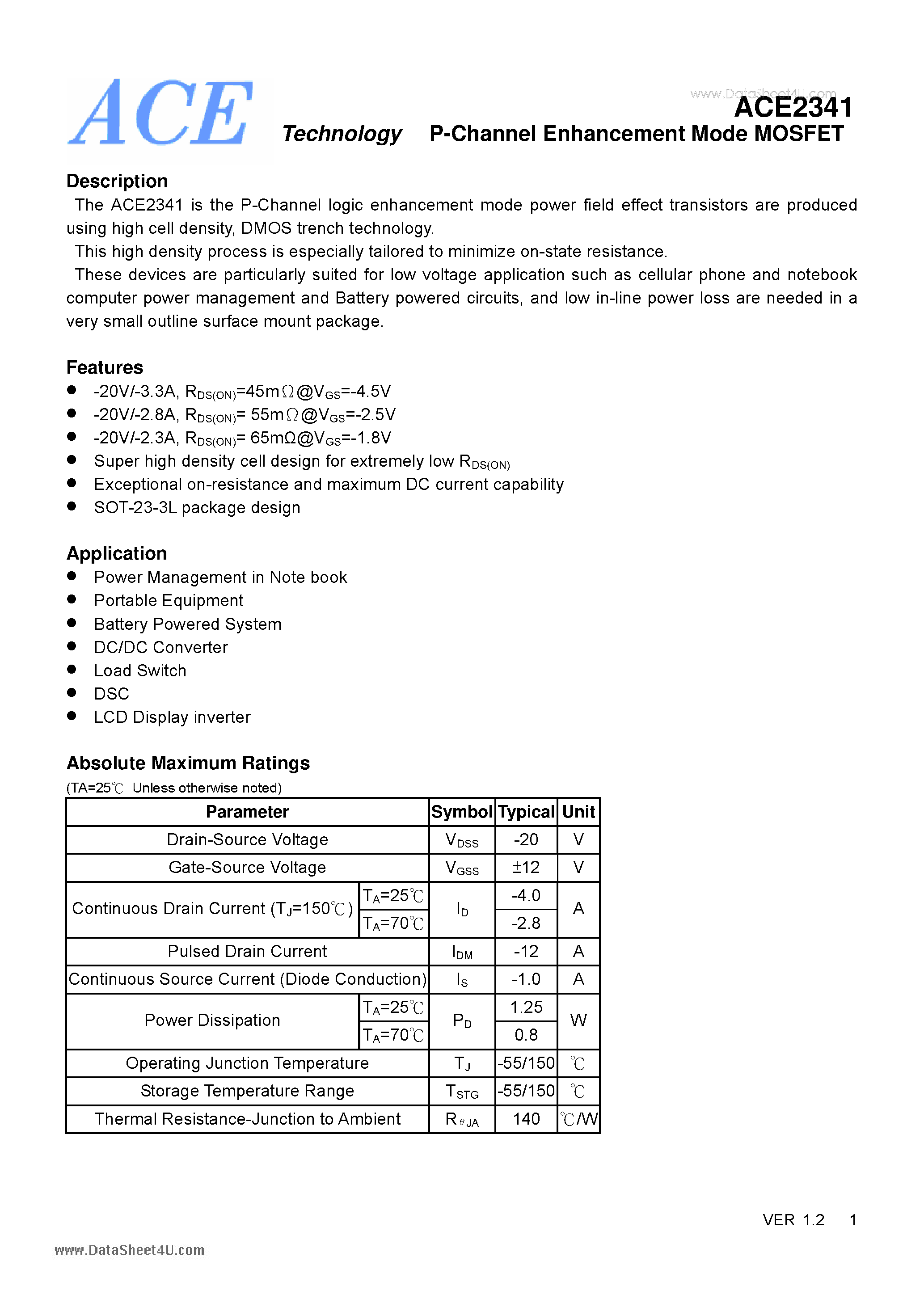 Datasheet ACE2341 page 1 Datasheet ACE2341 - P-Channel Enhancement Mode MOSFET page 1
