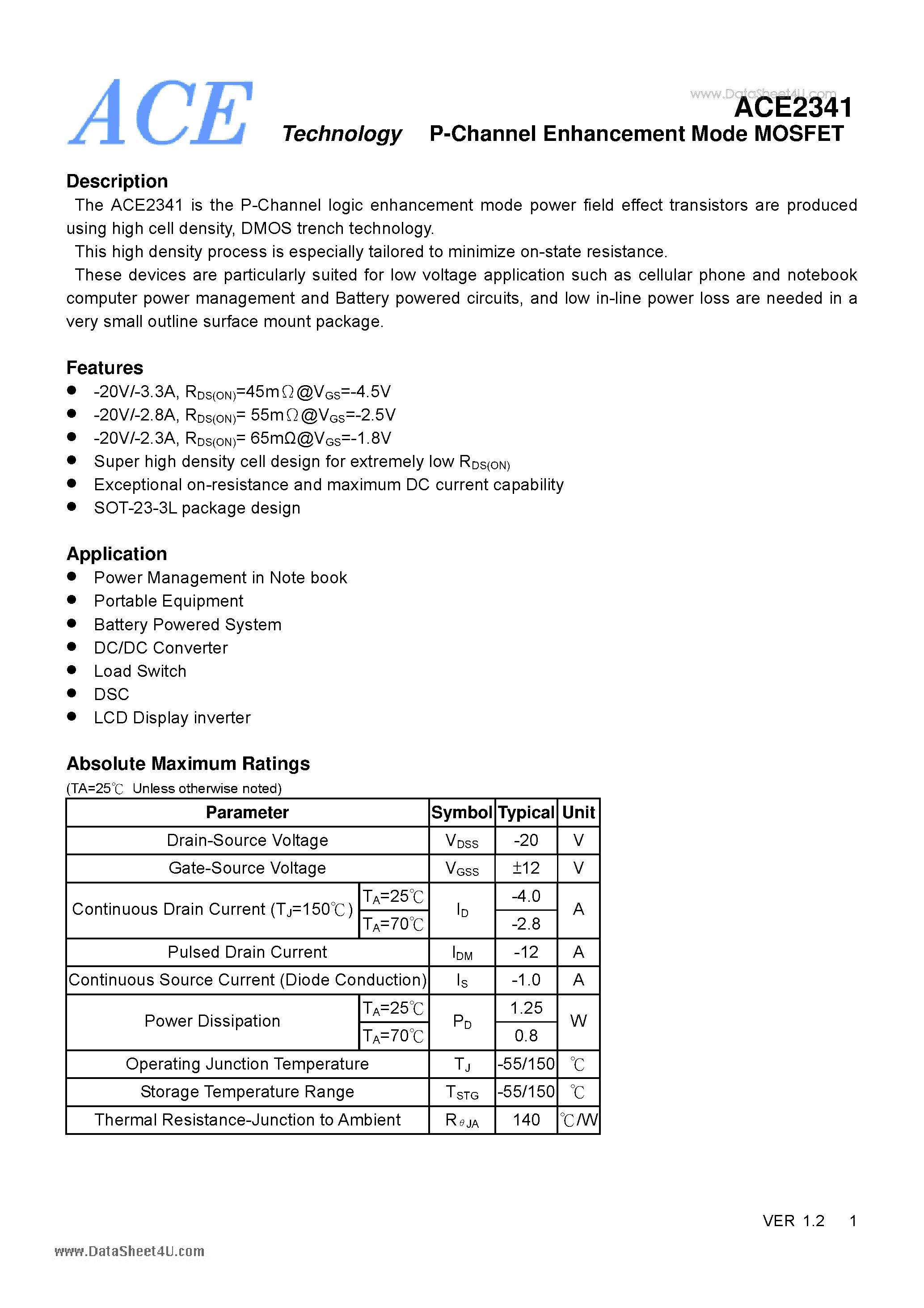 Datasheet ACE2341 - P-Channel Enhancement Mode MOSFET page 1