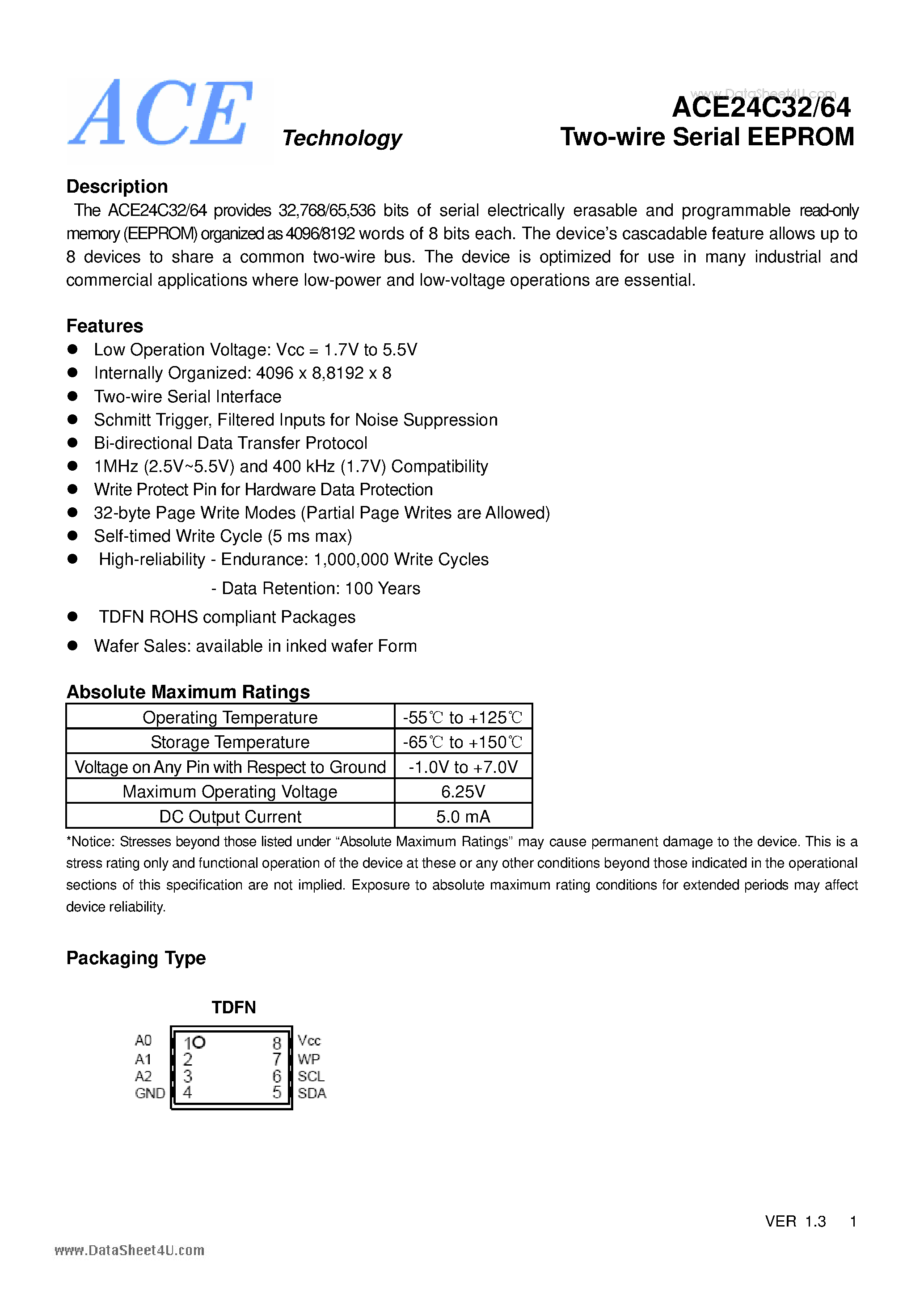 Datasheet ACE24C32 page 1 Datasheet ACE24C32 - Two-wire Serial EEPROM page 1