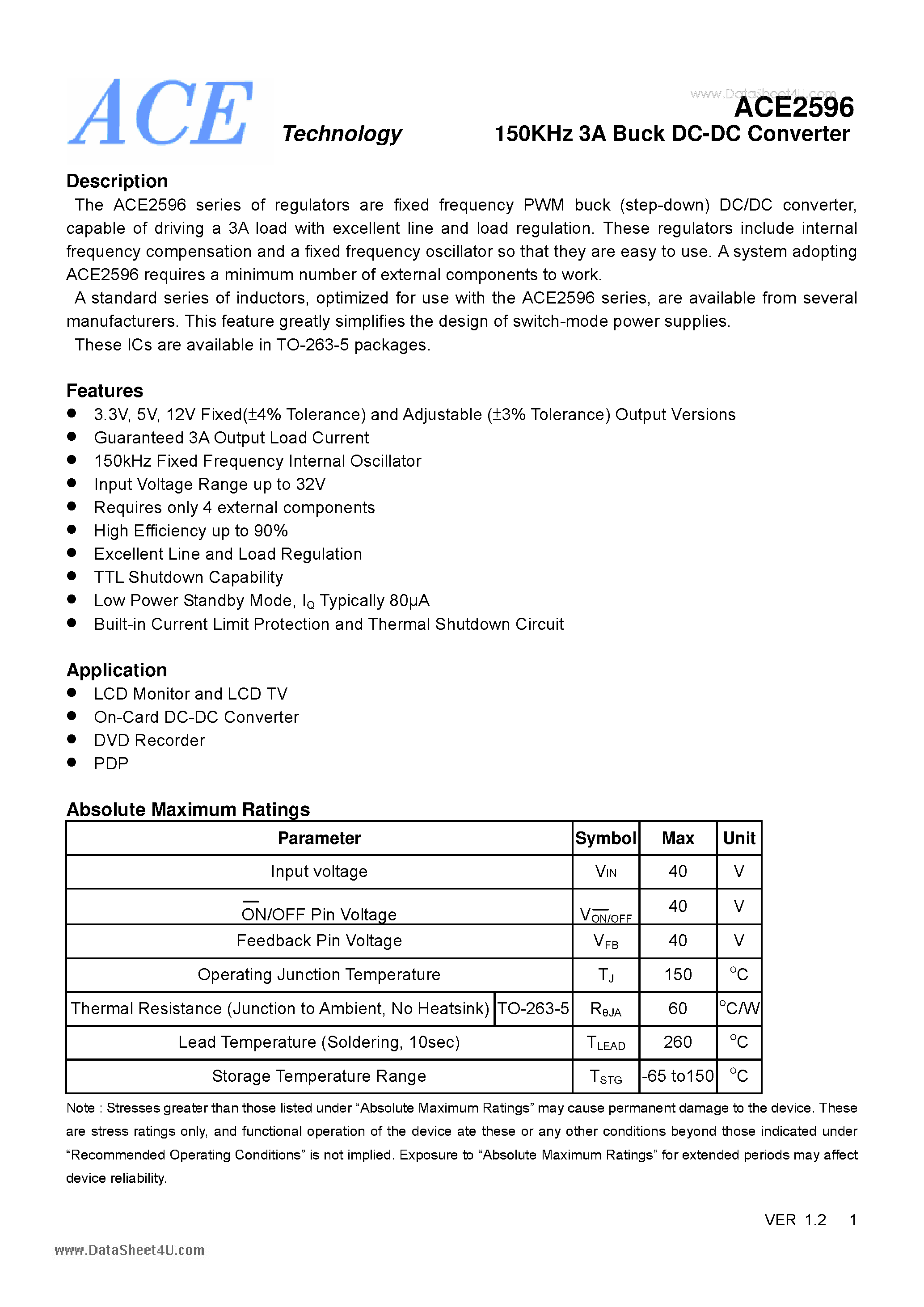 Datasheet ACE2596 page 1 Datasheet ACE2596 - 150KHz 3A Buck DC-DC Converter page 1