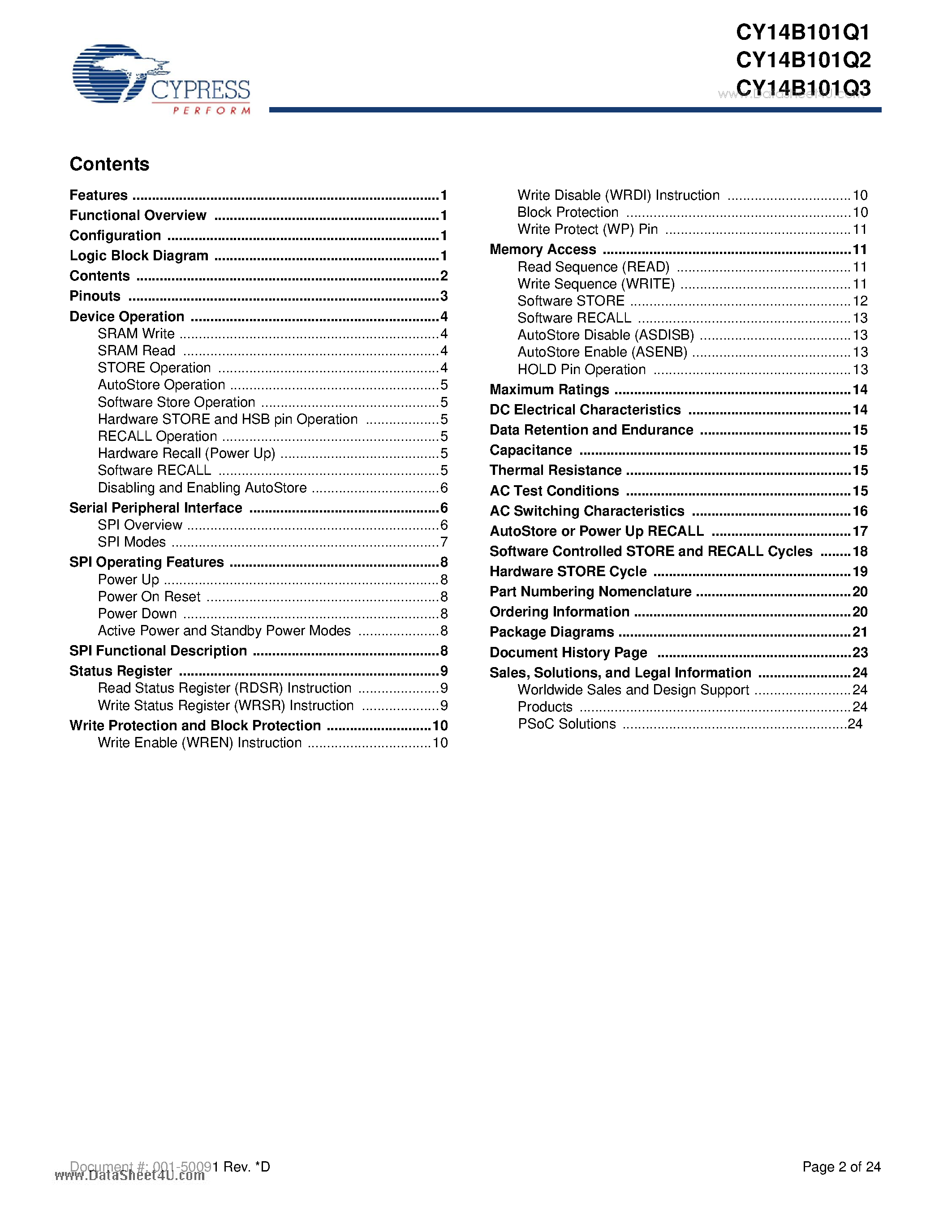 Datasheet CY14B101Q1 - 1 Mbit (128K x 8) Serial SPI nvSRAM page 2