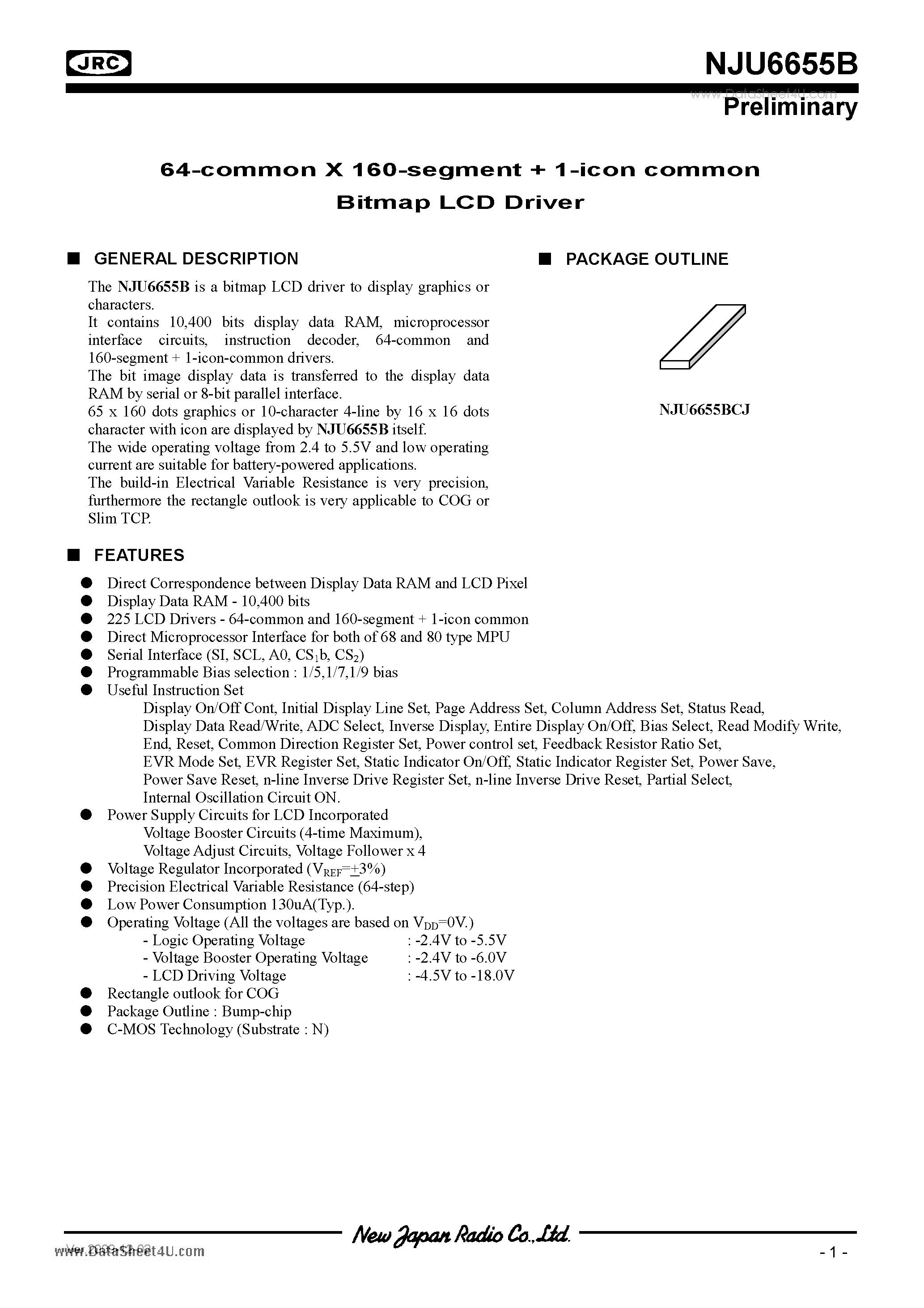 Datasheet NJU6655B - 64-common X 160-segment + 1-icon common Bitmap LCD Driver page 1