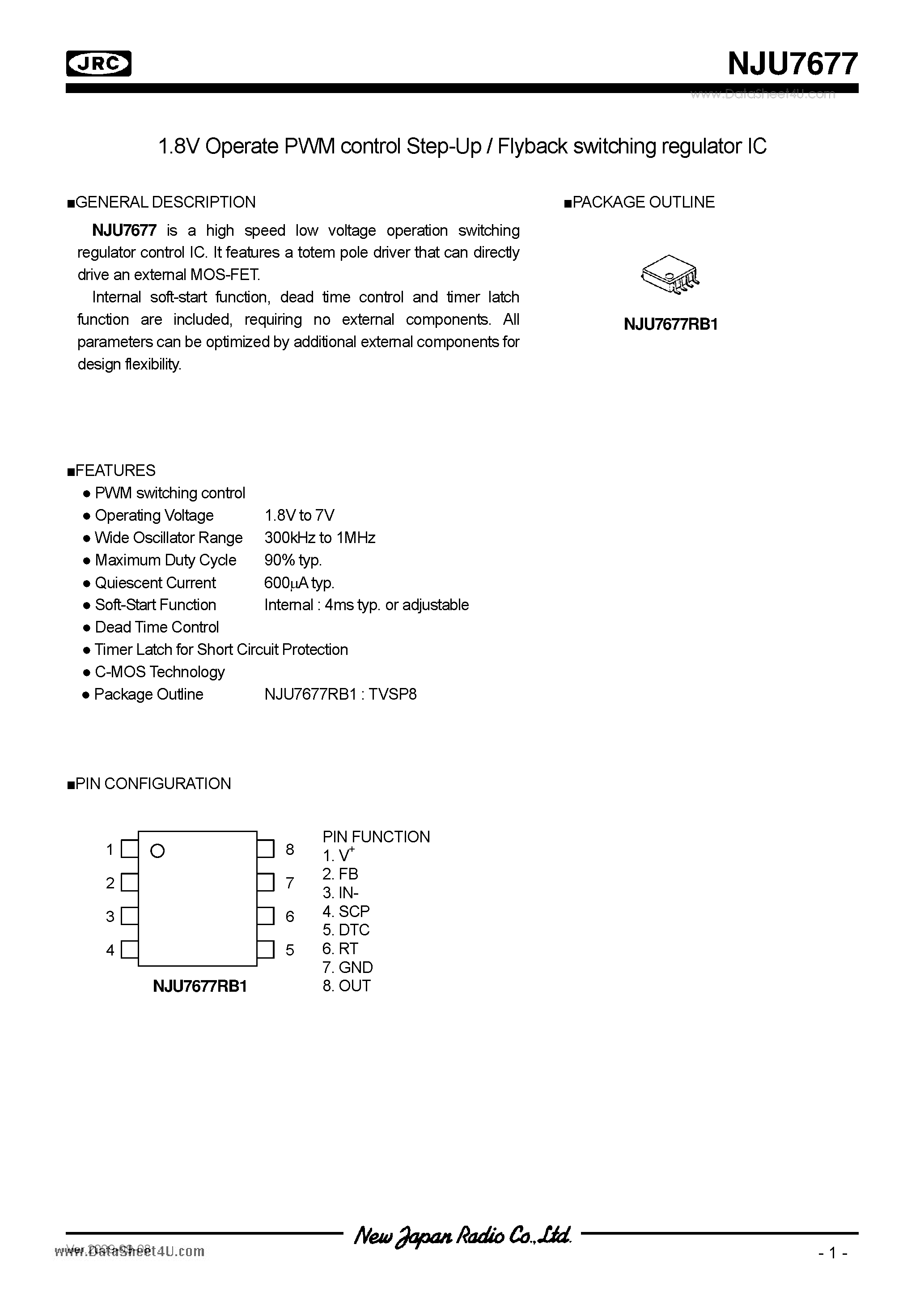 Datasheet NJU7677 page 1 Datasheet NJU7677 - 1.8V Operate PWM control Step-Up / Flyback switching regulator IC page 1