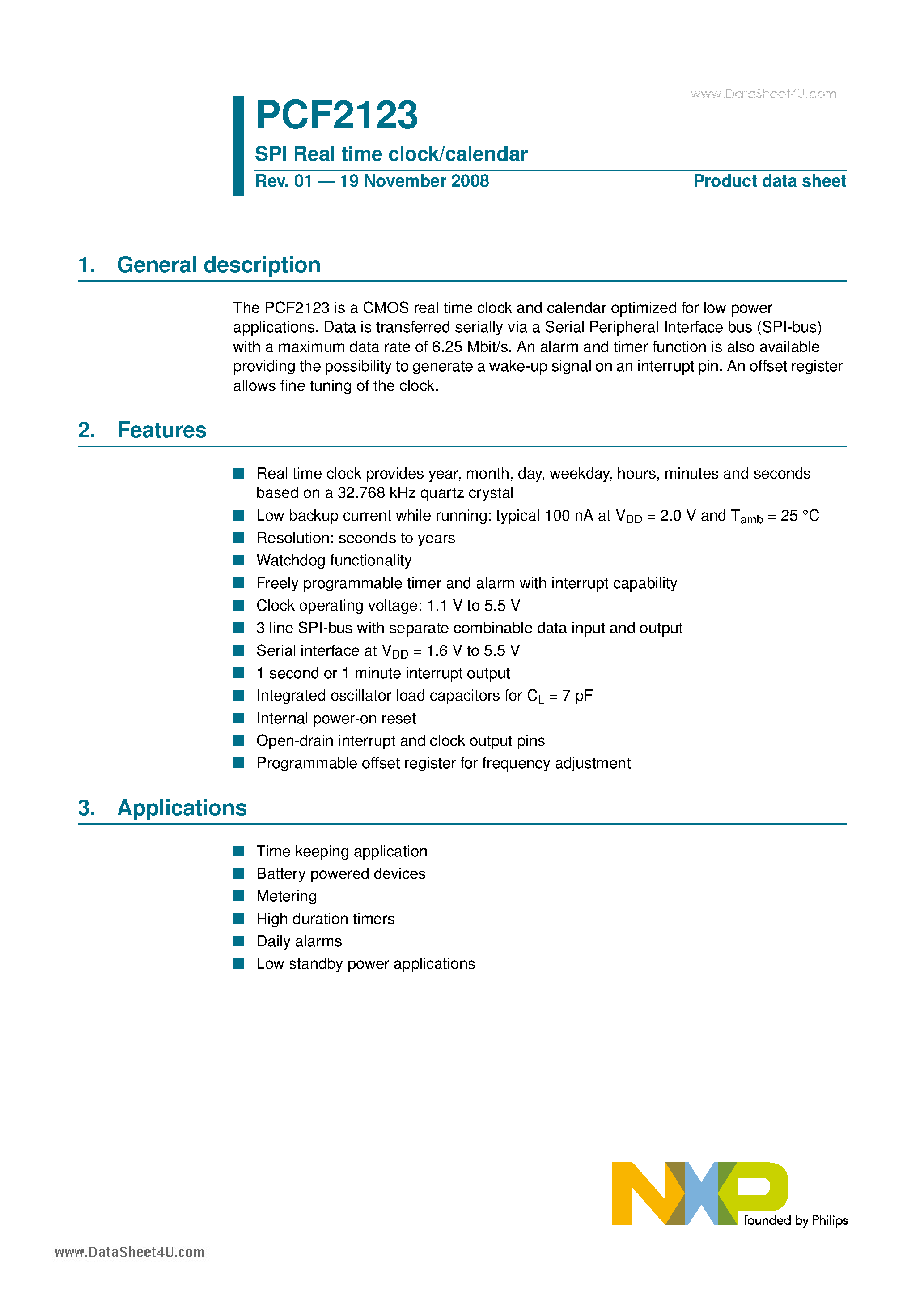 Datasheet PCF2123 - SPI Real time clock/calendar page 1