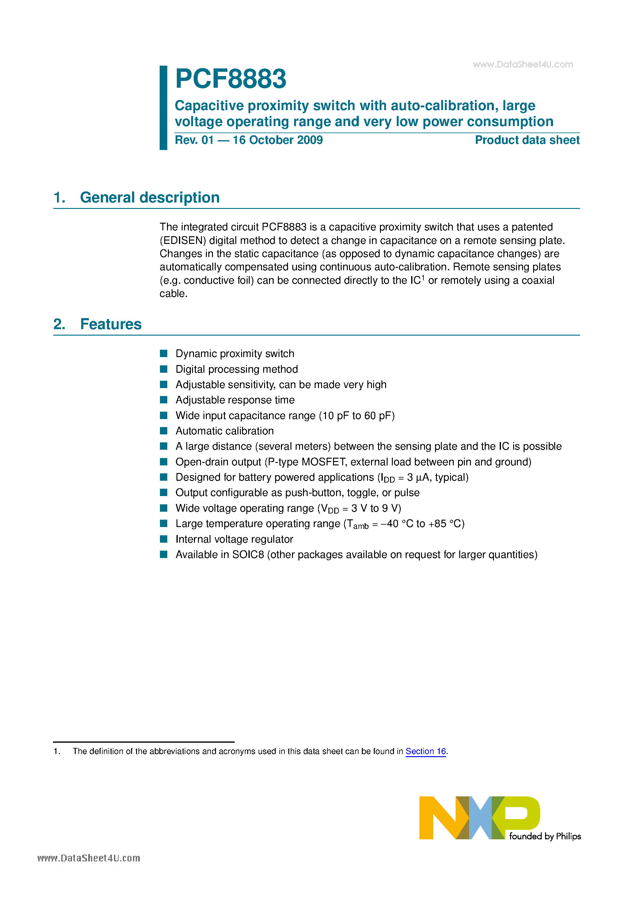 Datasheet PCF8883 page 1 Datasheet PCF8883 - Capacitive proximity switch page 1